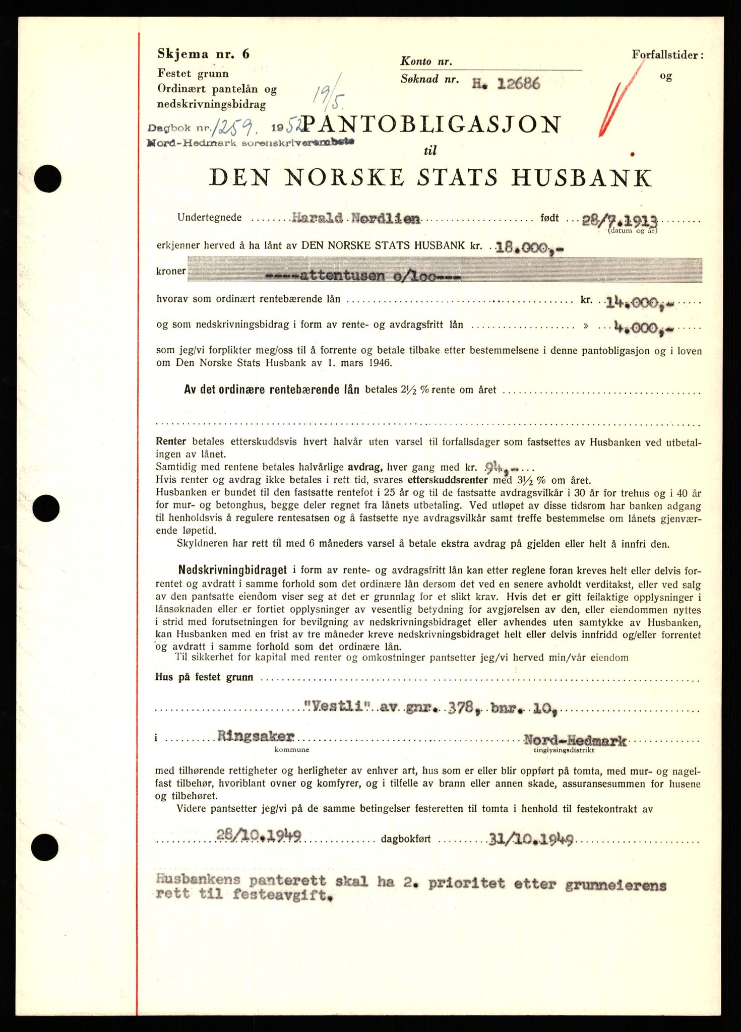 Nord-Hedmark sorenskriveri, SAH/TING-012/H/Hb/Hbf/L0025: Pantebok nr. B25, 1952-1952, Dagboknr: 1259/1952
