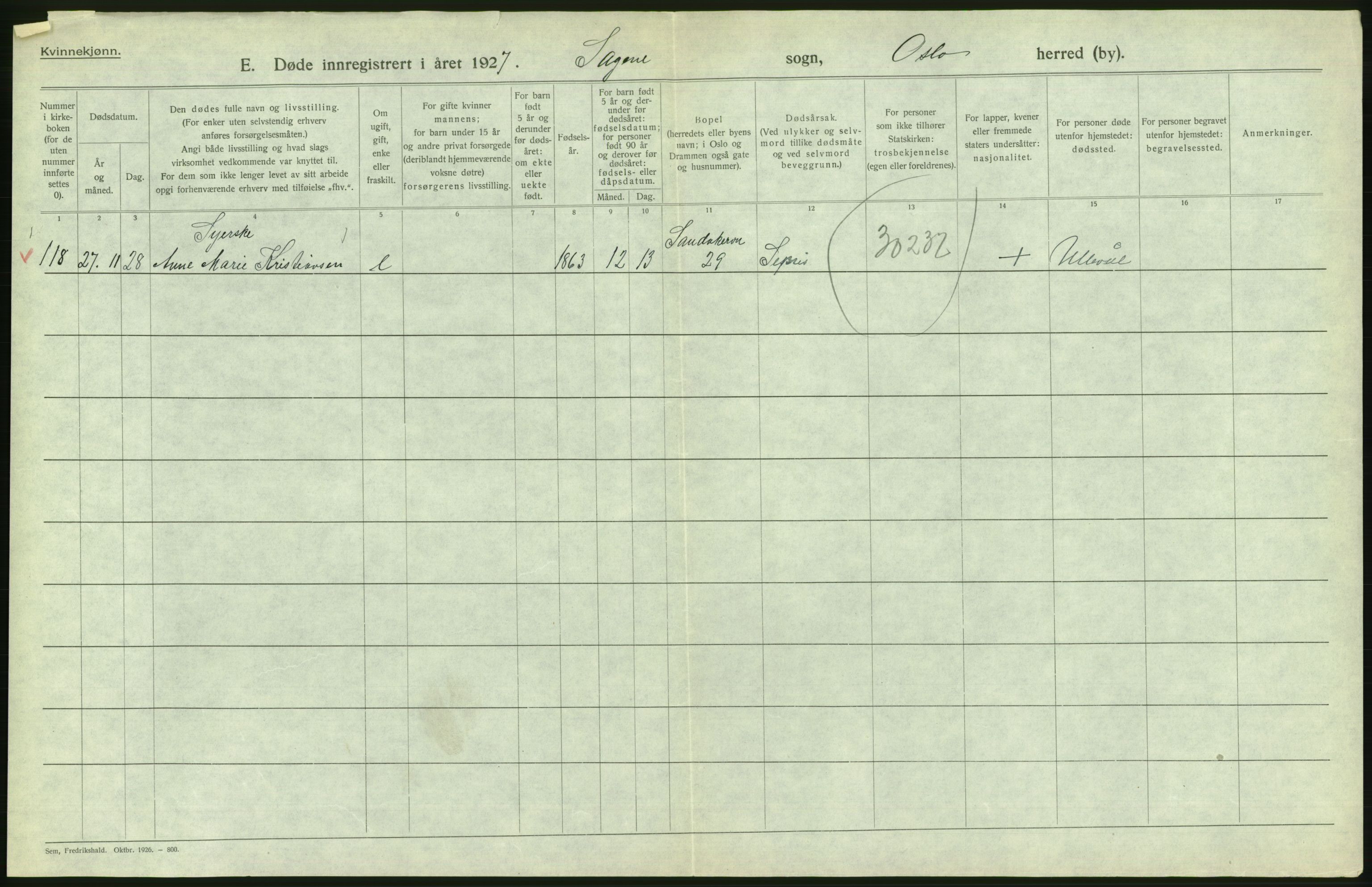 Statistisk sentralbyrå, Sosiodemografiske emner, Befolkning, AV/RA-S-2228/D/Df/Dfc/Dfcg/L0010: Oslo: Døde kvinner, dødfødte, 1927, s. 528