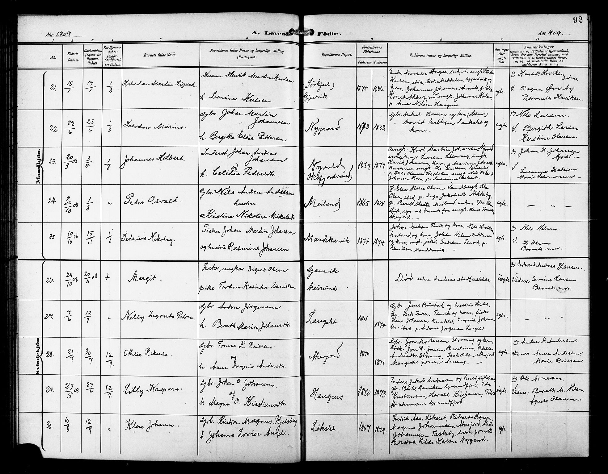 Skjervøy sokneprestkontor, AV/SATØ-S-1300/H/Ha/Hab/L0008klokker: Klokkerbok nr. 8, 1900-1910, s. 92