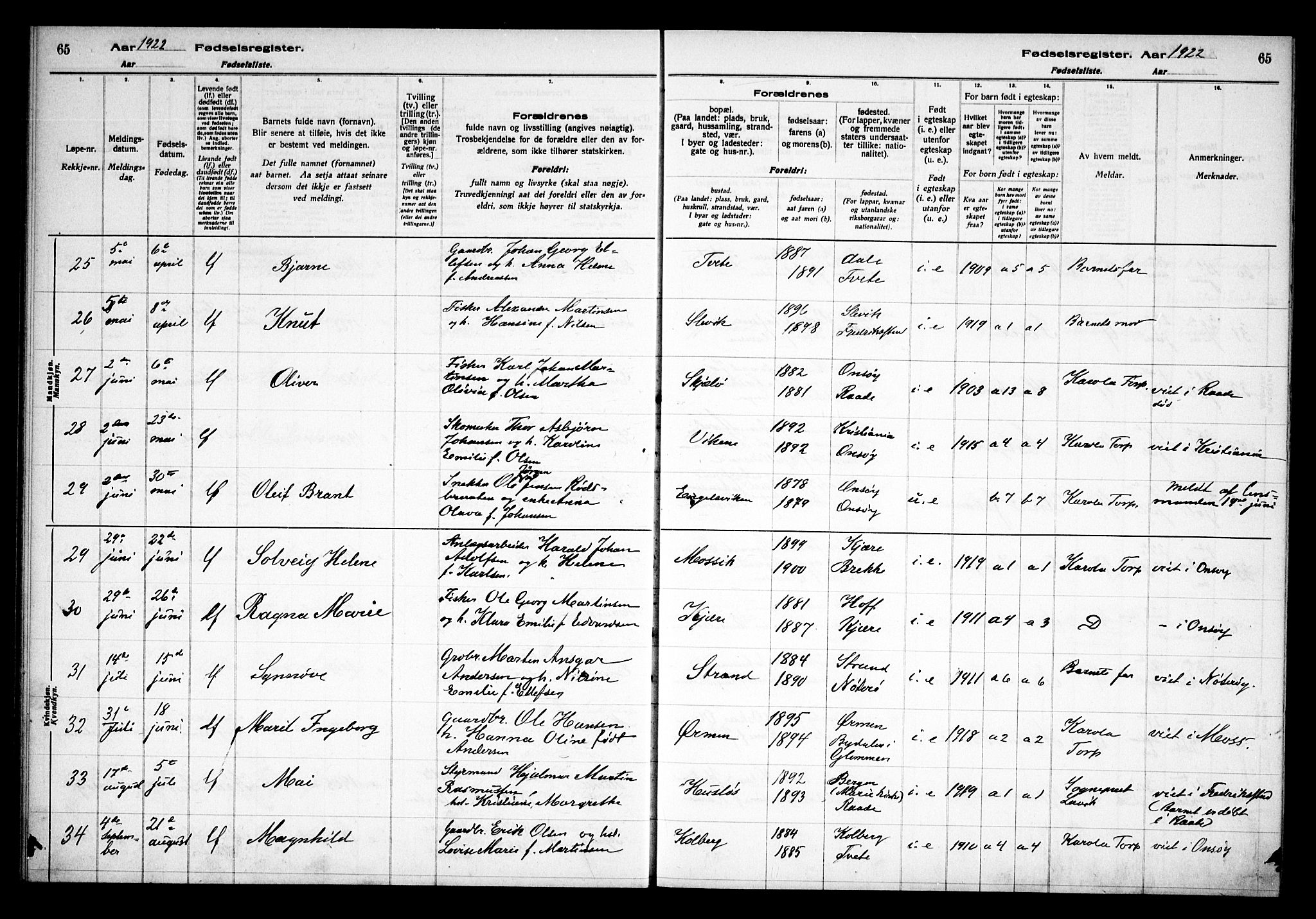 Onsøy prestekontor Kirkebøker, AV/SAO-A-10914/J/Ja/L0001: Fødselsregister nr. I 1, 1916-1937, s. 65