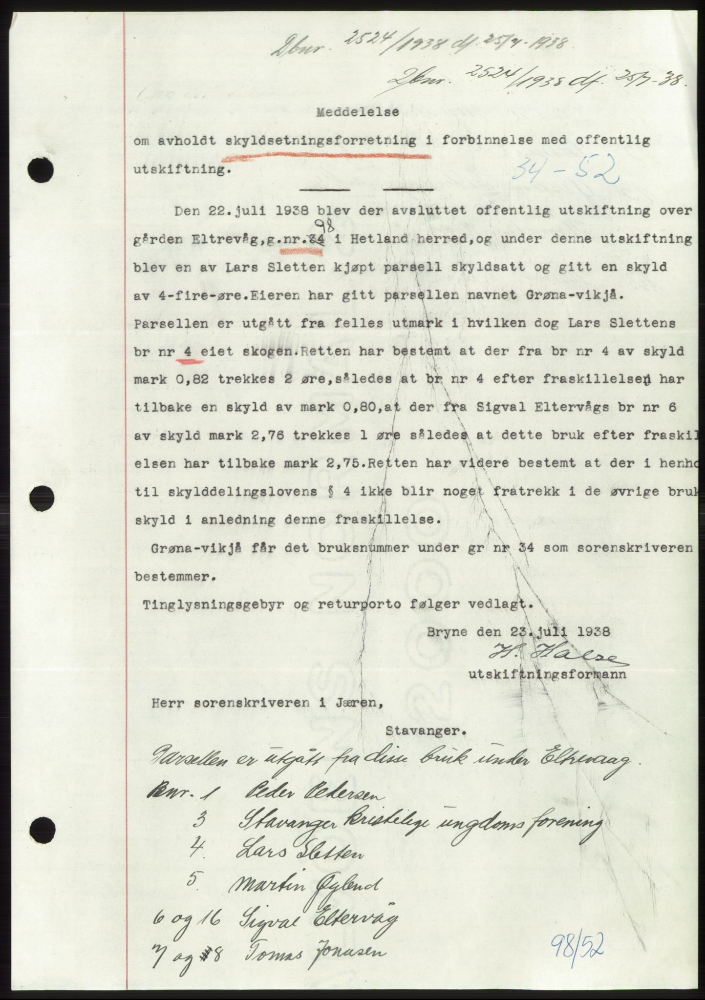 Jæren sorenskriveri, SAST/A-100310/03/G/Gba/L0071: Pantebok, 1938-1938, Dagboknr: 2524/1938