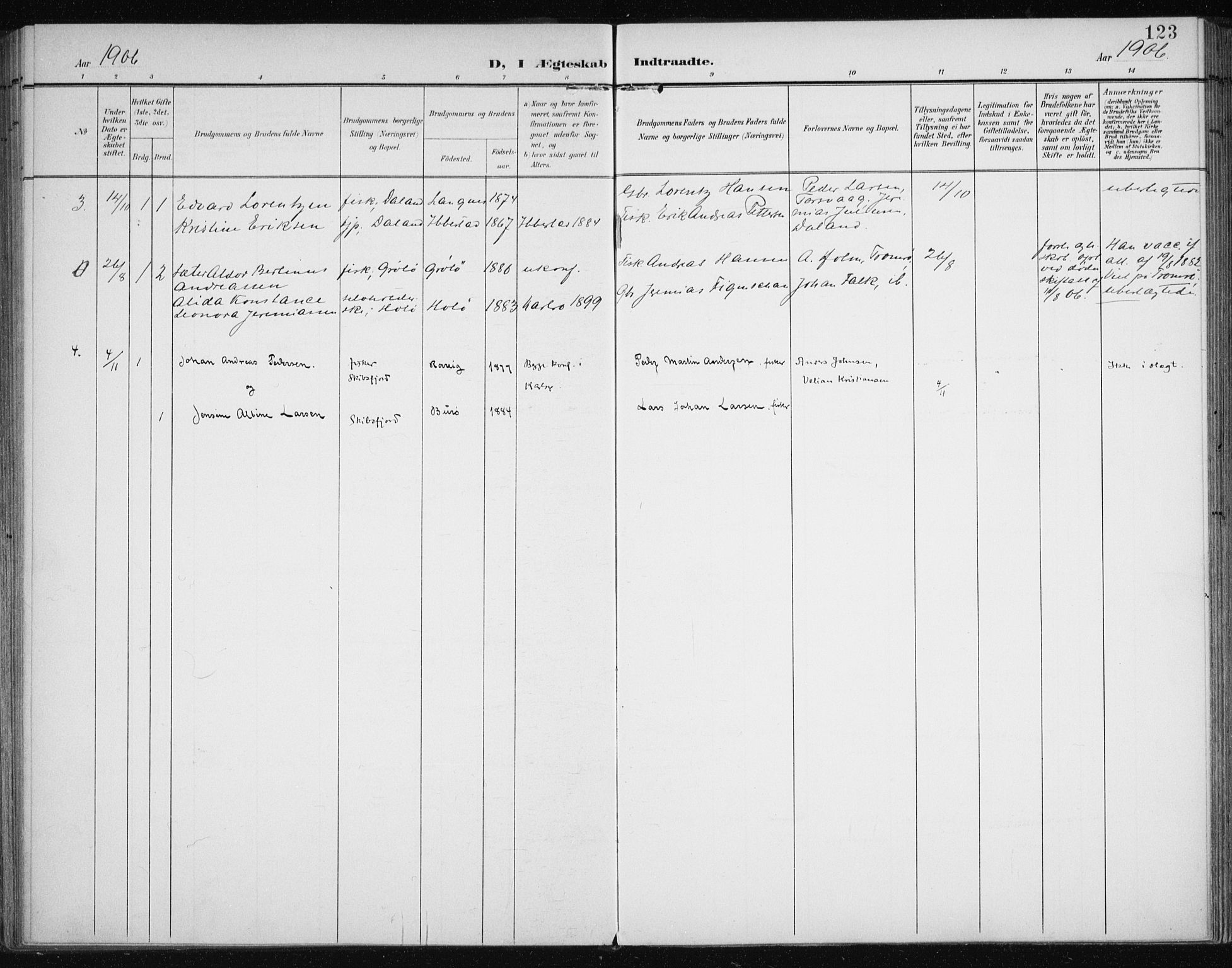 Karlsøy sokneprestembete, AV/SATØ-S-1299/H/Ha/Haa/L0013kirke: Ministerialbok nr. 13, 1902-1916, s. 123