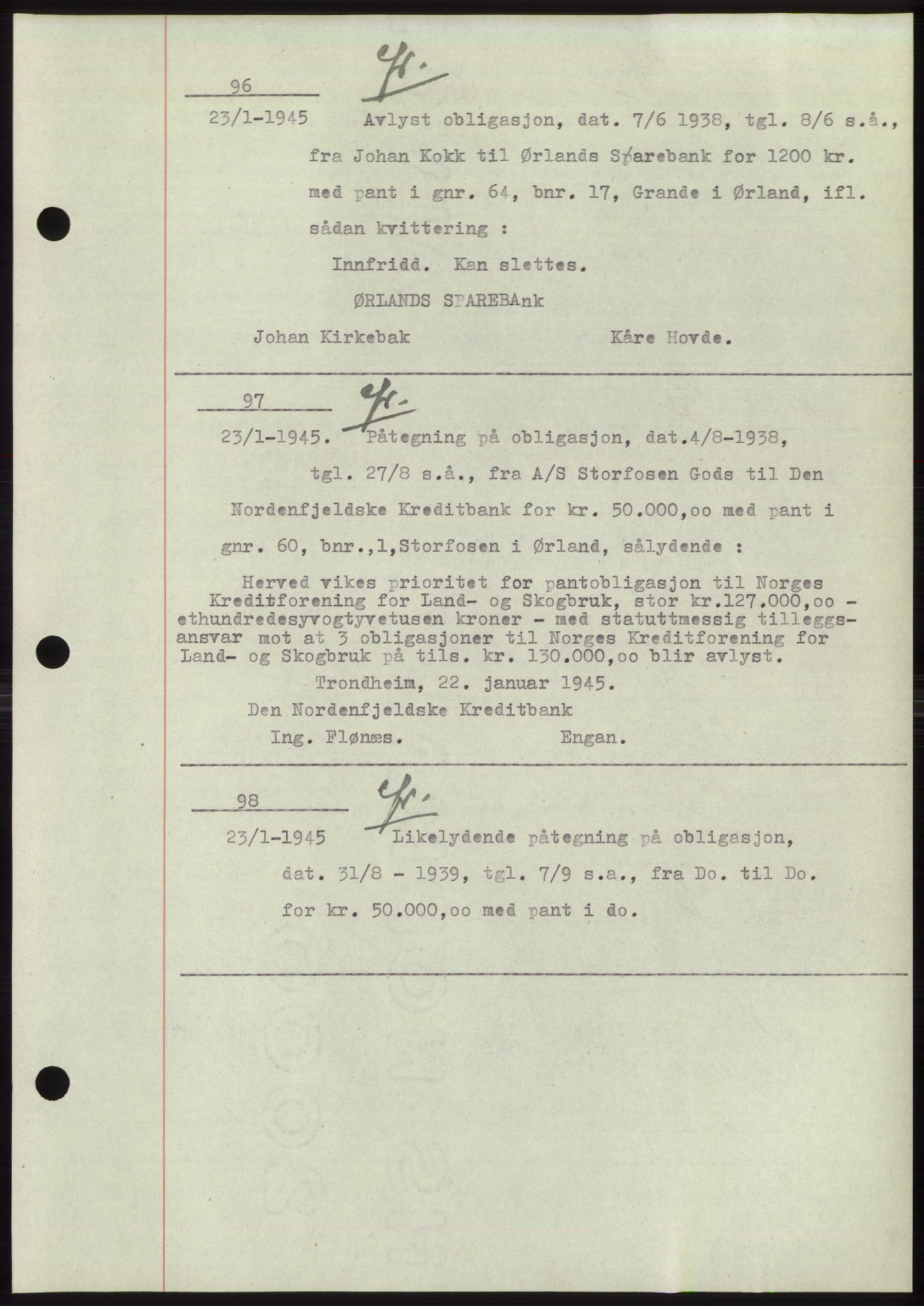 Fosen sorenskriveri, AV/SAT-A-1107/1/2/2C: Pantebok nr. B1, 1943-1946, Dagboknr: 96/1945