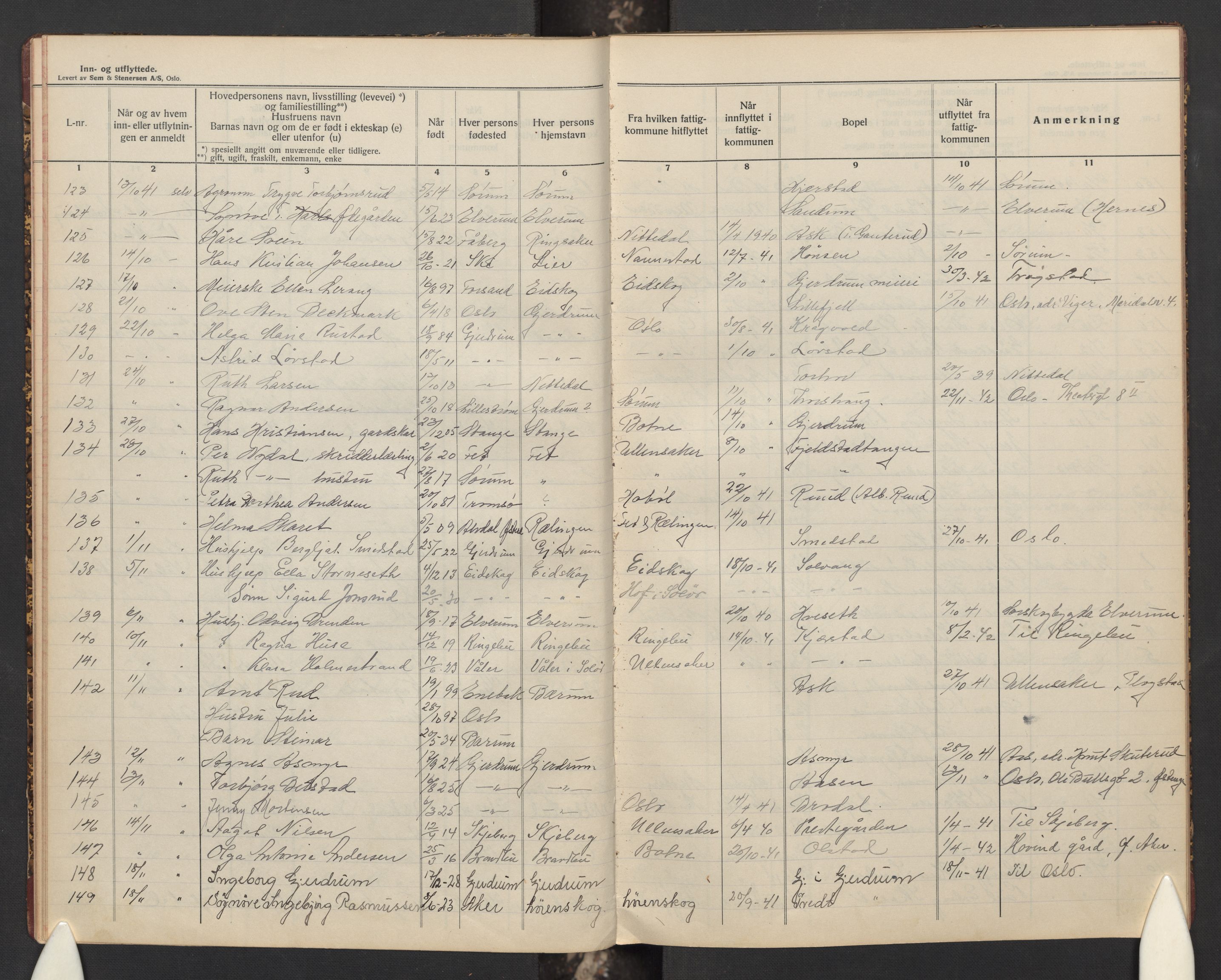 Gjerdrum lensmannskontor, AV/SAO-A-10413/O/Ob/L0002: Fortegnelse over inn- og utflyttede, 1938-1943