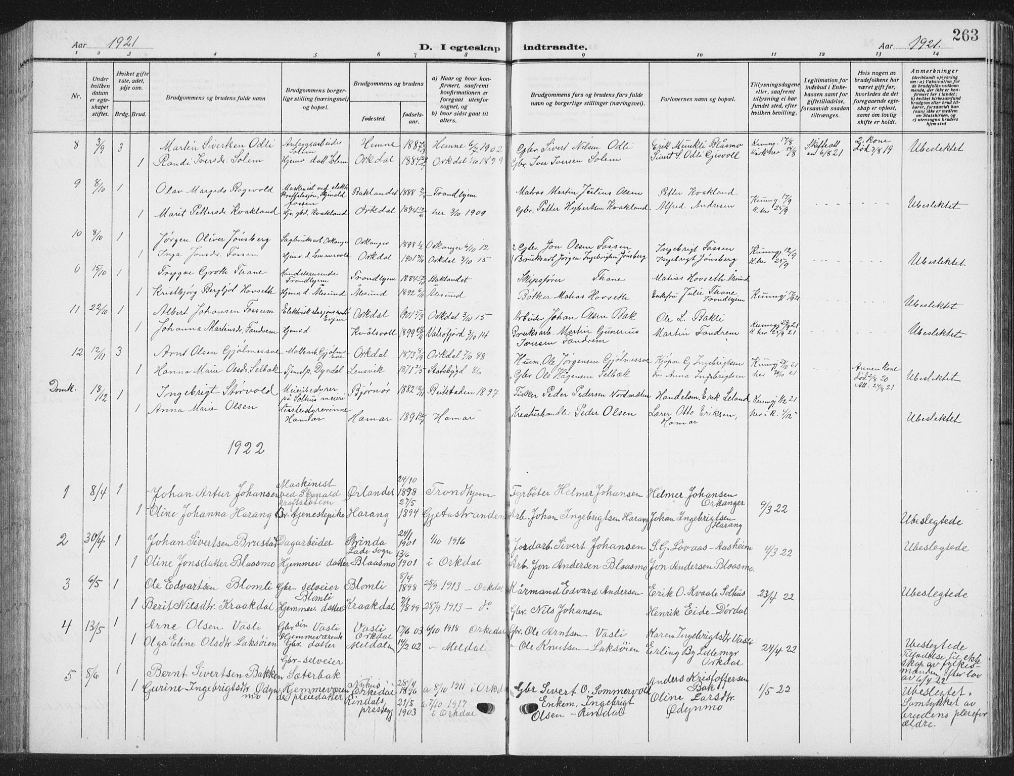 Ministerialprotokoller, klokkerbøker og fødselsregistre - Sør-Trøndelag, AV/SAT-A-1456/668/L0820: Klokkerbok nr. 668C09, 1912-1936, s. 263