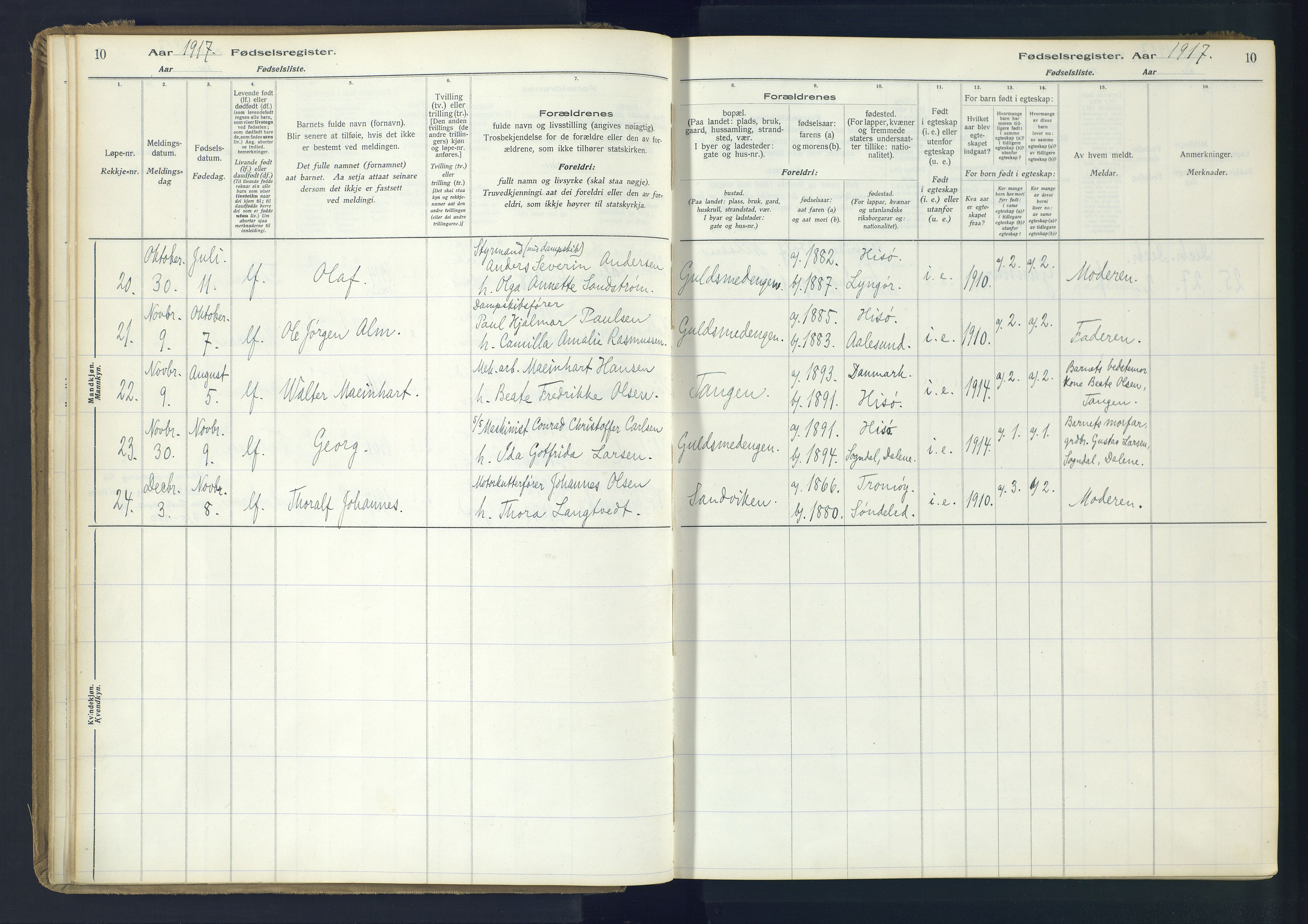 Hisøy sokneprestkontor, SAK/1111-0020/J/Ja/L0001: Fødselsregister nr. A-VI-14, 1916-1951, s. 10