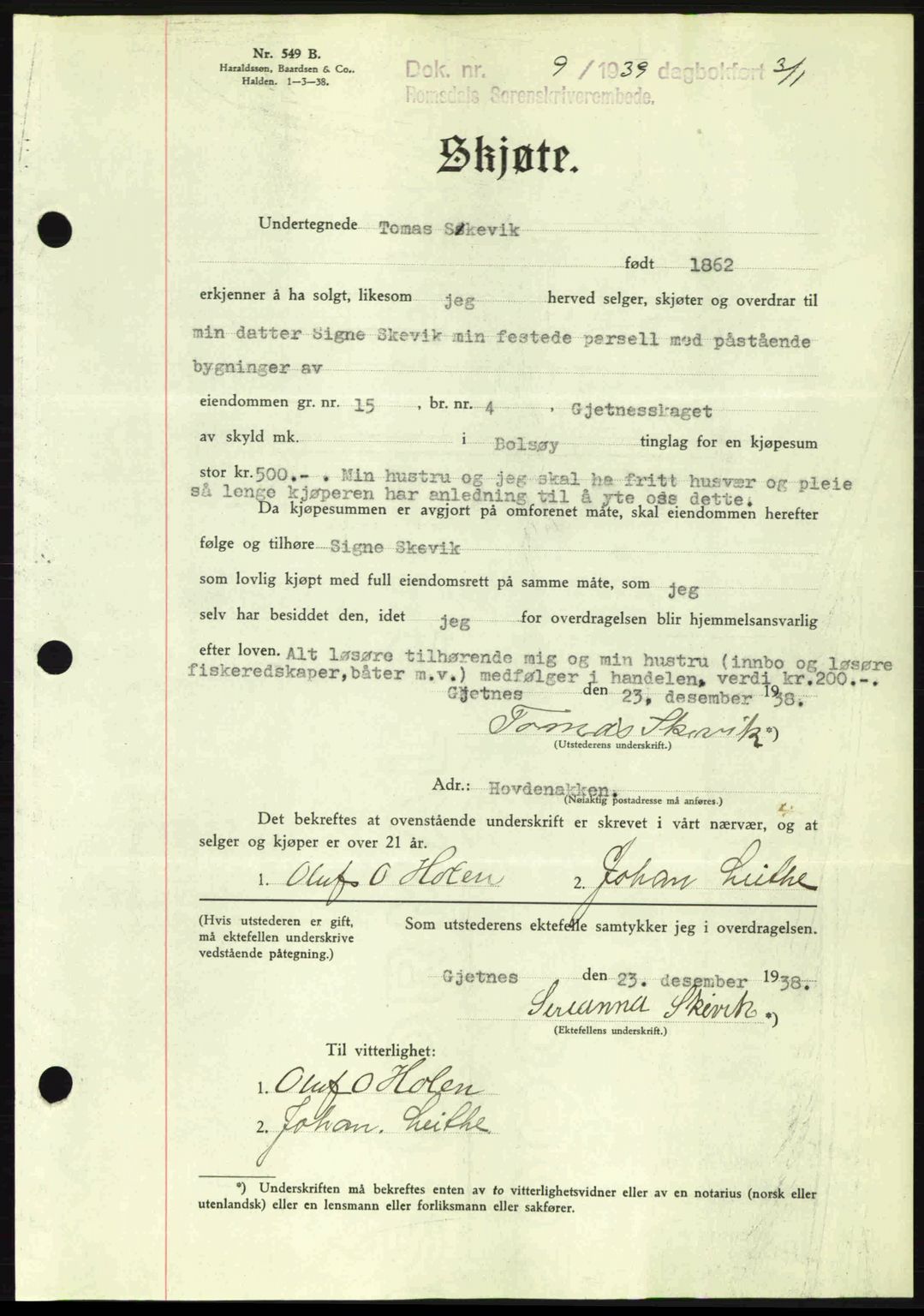 Romsdal sorenskriveri, AV/SAT-A-4149/1/2/2C: Pantebok nr. A6, 1938-1939, Dagboknr: 9/1939