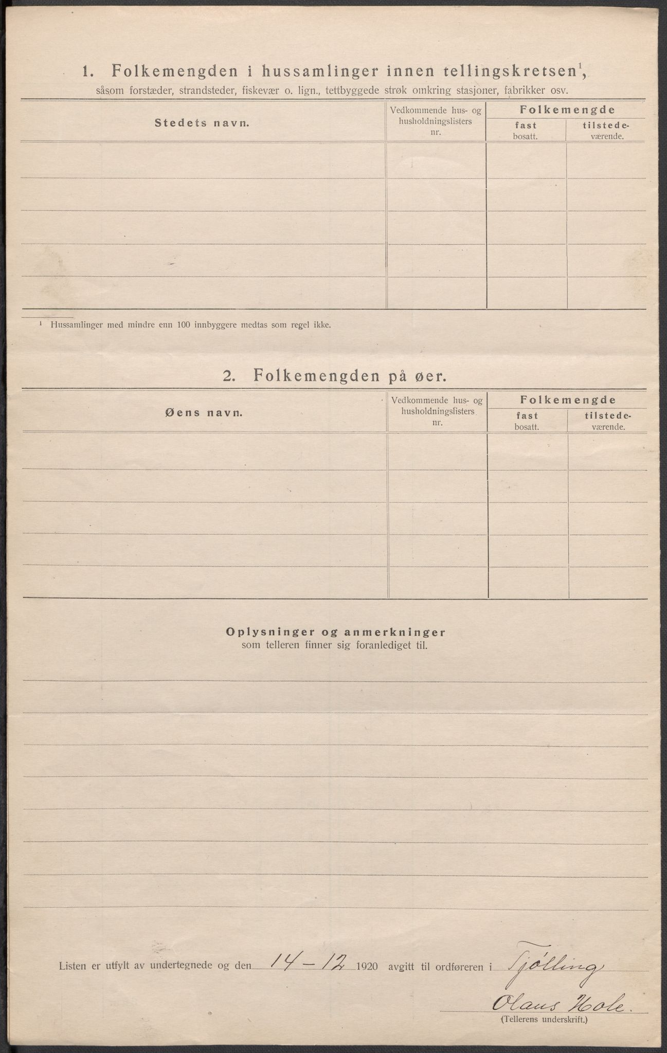 SAKO, Folketelling 1920 for 0725 Tjølling herred, 1920, s. 20