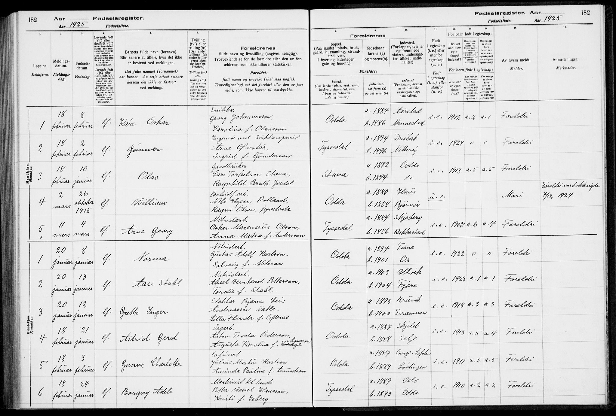 Odda Sokneprestembete, AV/SAB-A-77201/I/Id/L00A1: Fødselsregister nr. A 1, 1916-1925, s. 182