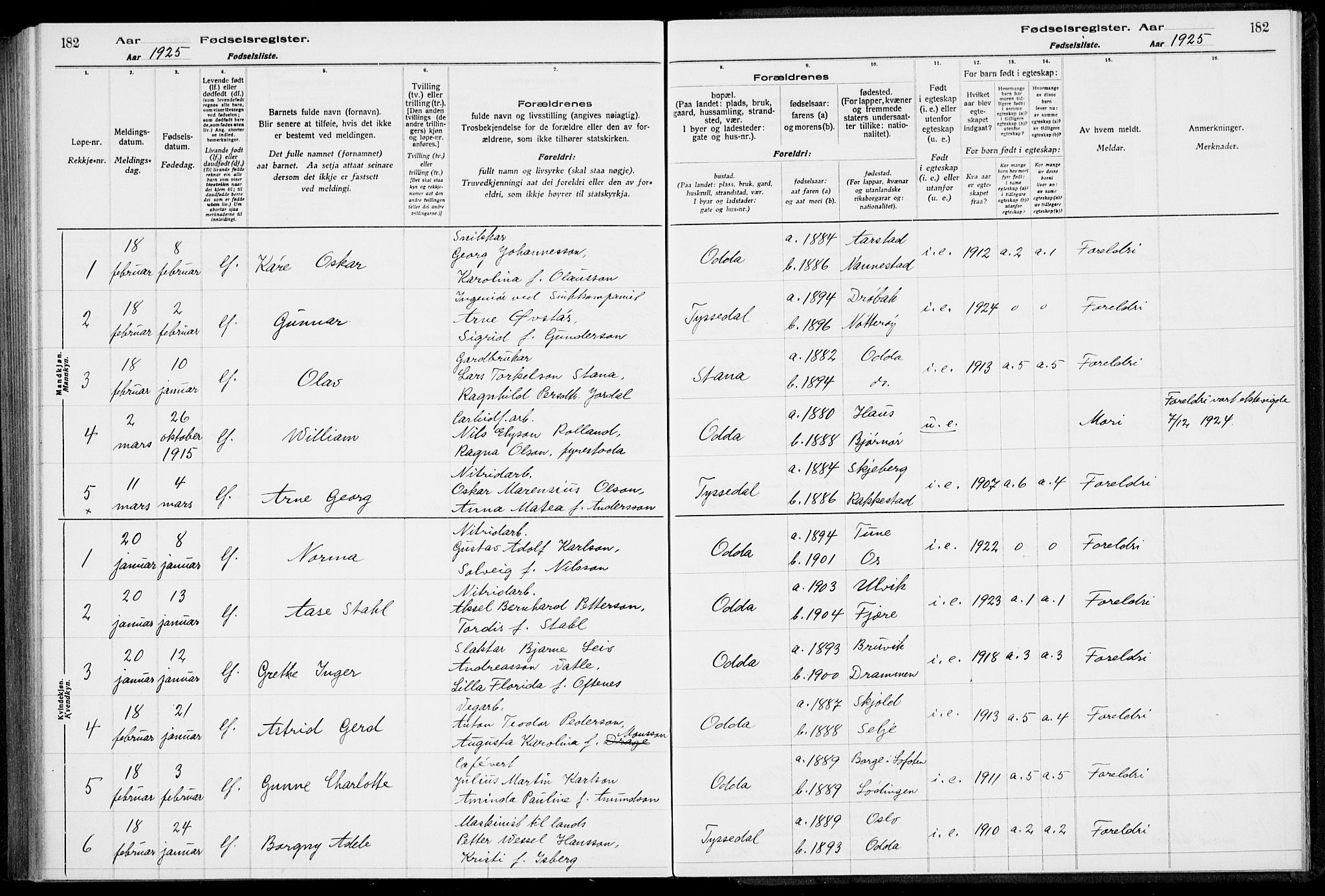 Odda Sokneprestembete, SAB/A-77201/I/Id/L00A1: Fødselsregister nr. A 1, 1916-1925, s. 182