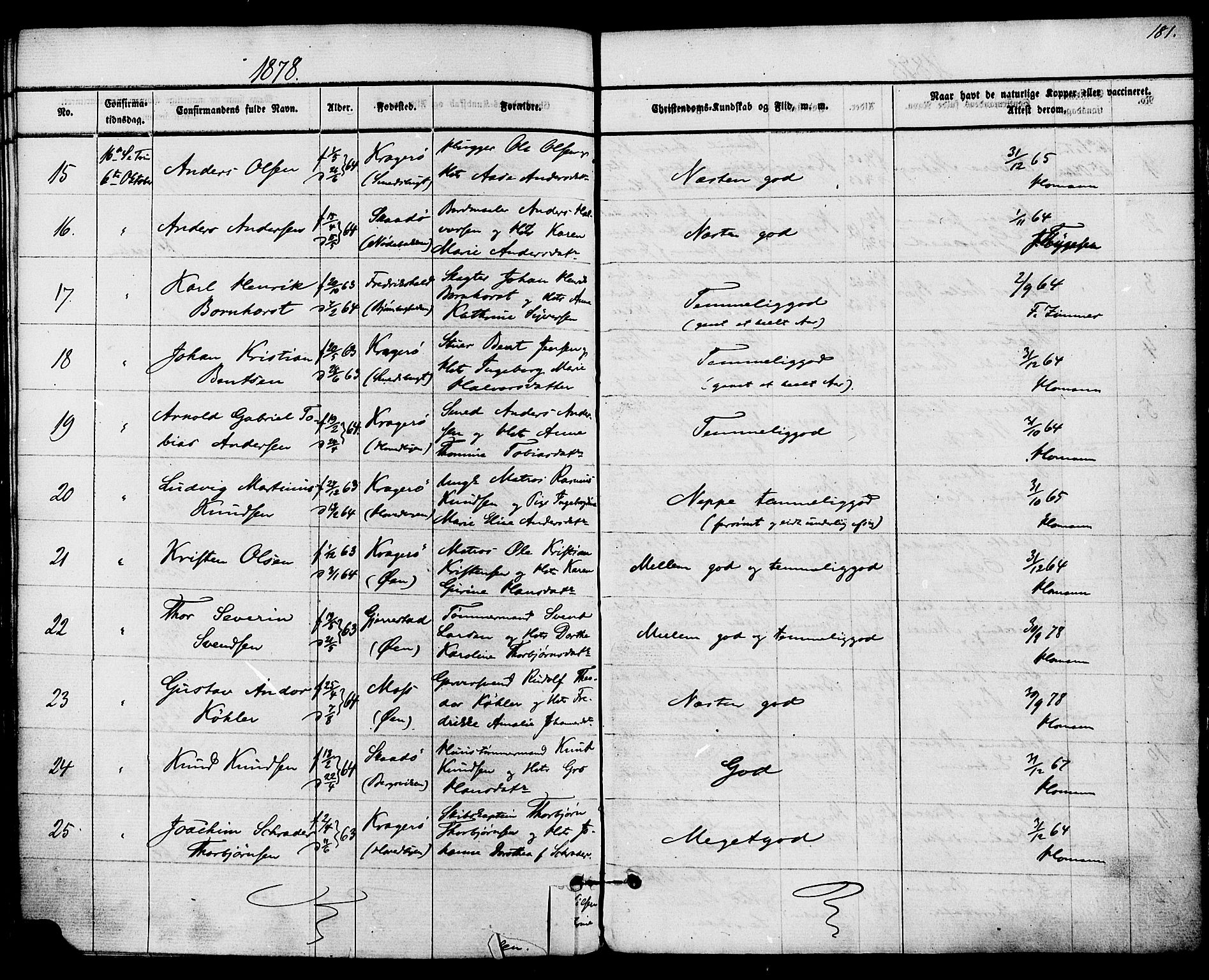 Kragerø kirkebøker, AV/SAKO-A-278/F/Fa/L0008: Ministerialbok nr. 8, 1856-1880, s. 181