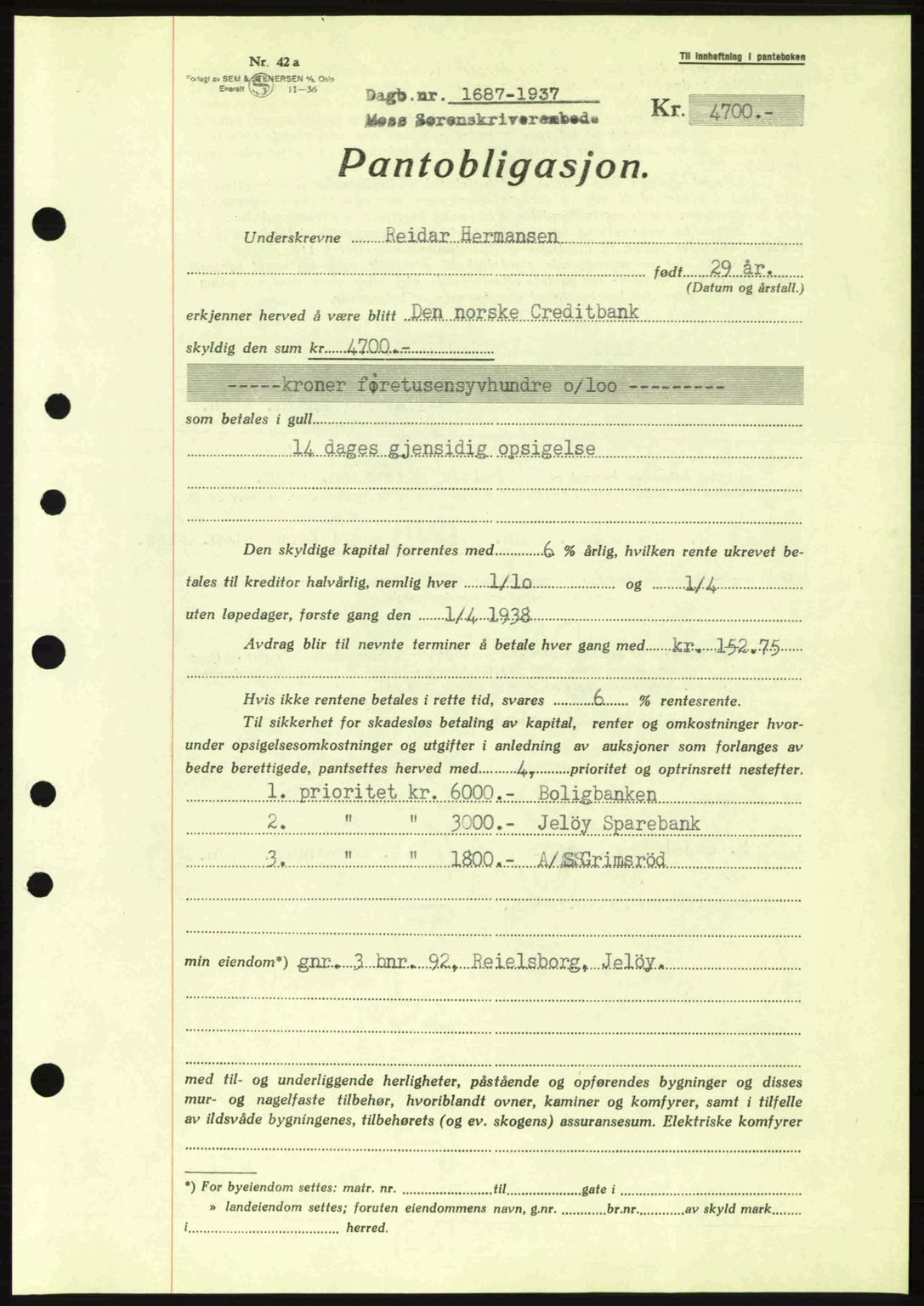 Moss sorenskriveri, SAO/A-10168: Pantebok nr. B4, 1937-1938, Dagboknr: 1687/1937