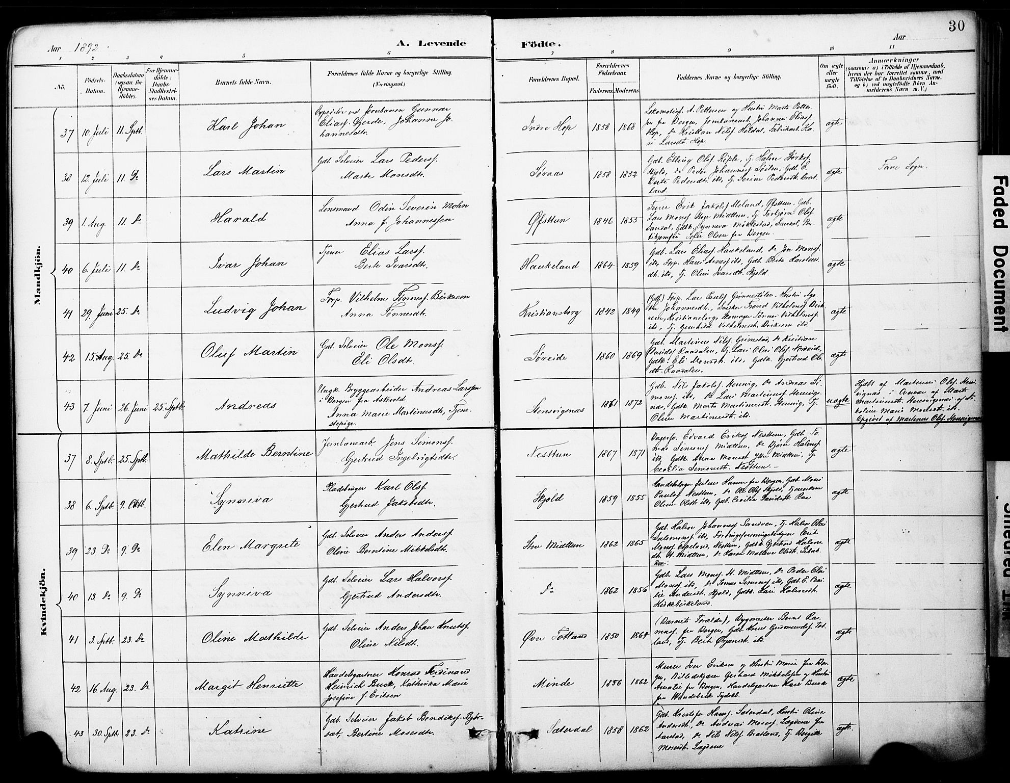 Fana Sokneprestembete, AV/SAB-A-75101/H/Haa/Haai/L0002: Ministerialbok nr. I 2, 1888-1899, s. 30