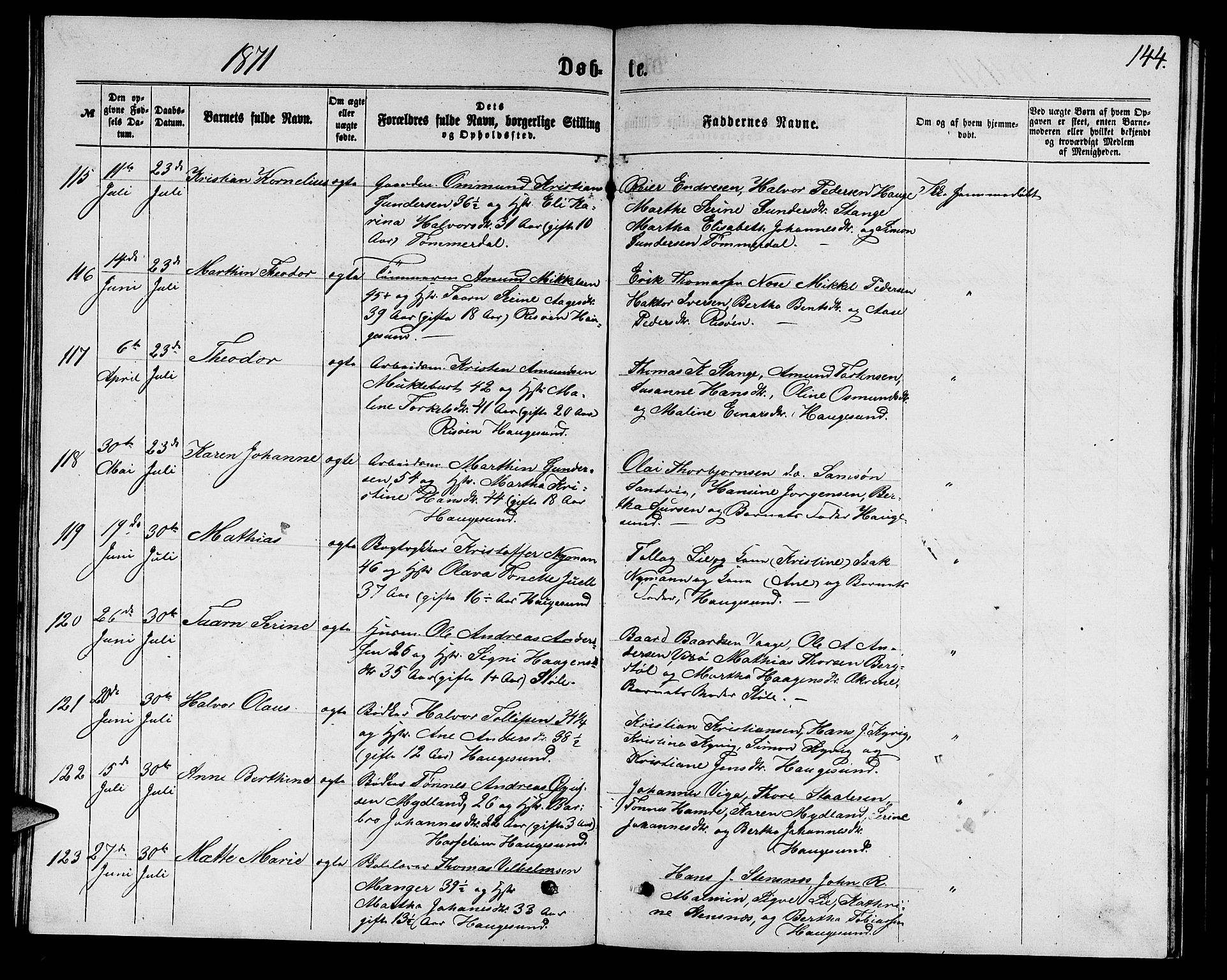 Torvastad sokneprestkontor, AV/SAST-A -101857/H/Ha/Hab/L0007: Klokkerbok nr. B 7, 1866-1873, s. 144