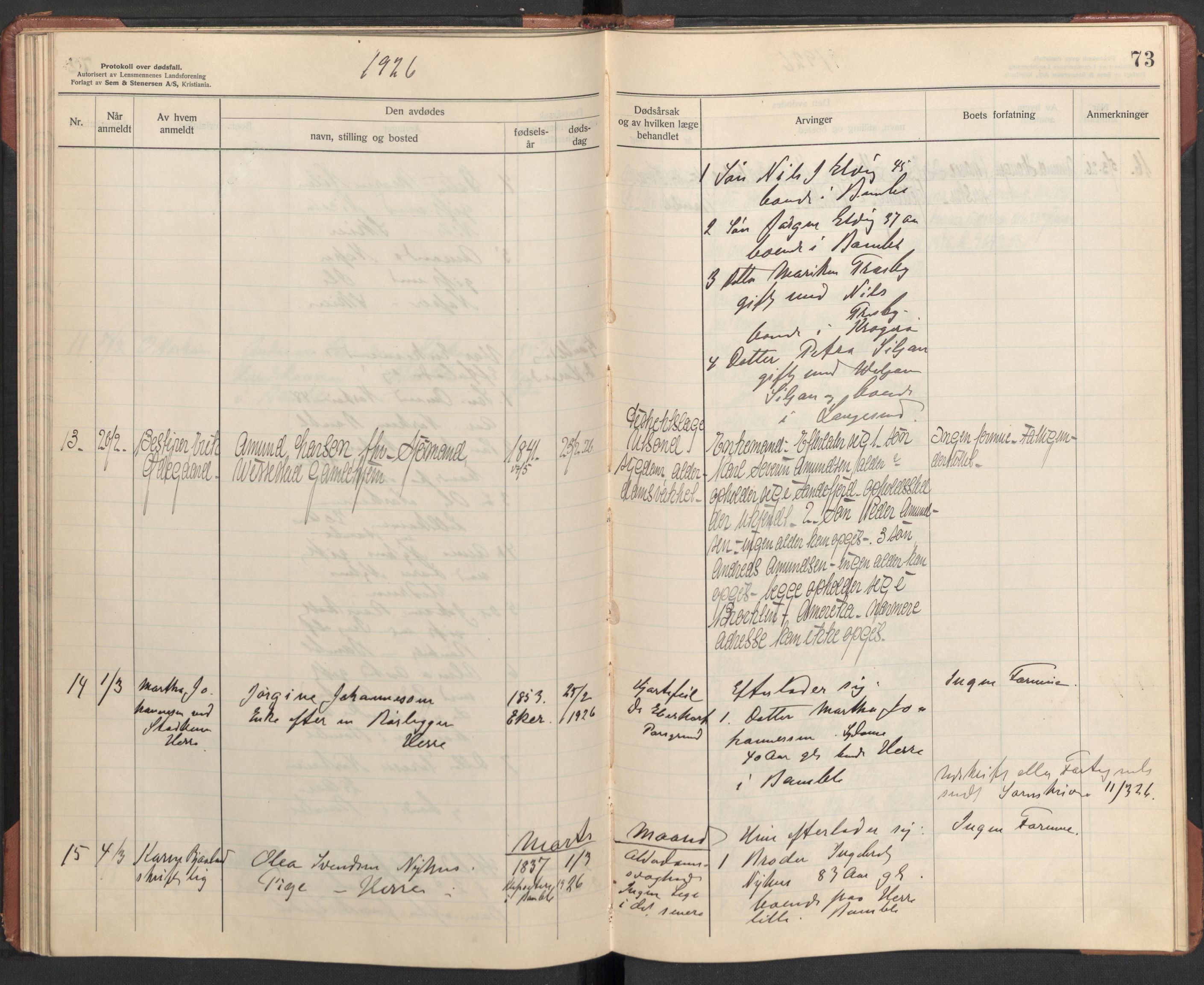 Bamble lensmannskontor, AV/SAKO-A-552/H/Ha/Haa/L0004: Dødsfallsprotokoll, 1923-1926, s. 73