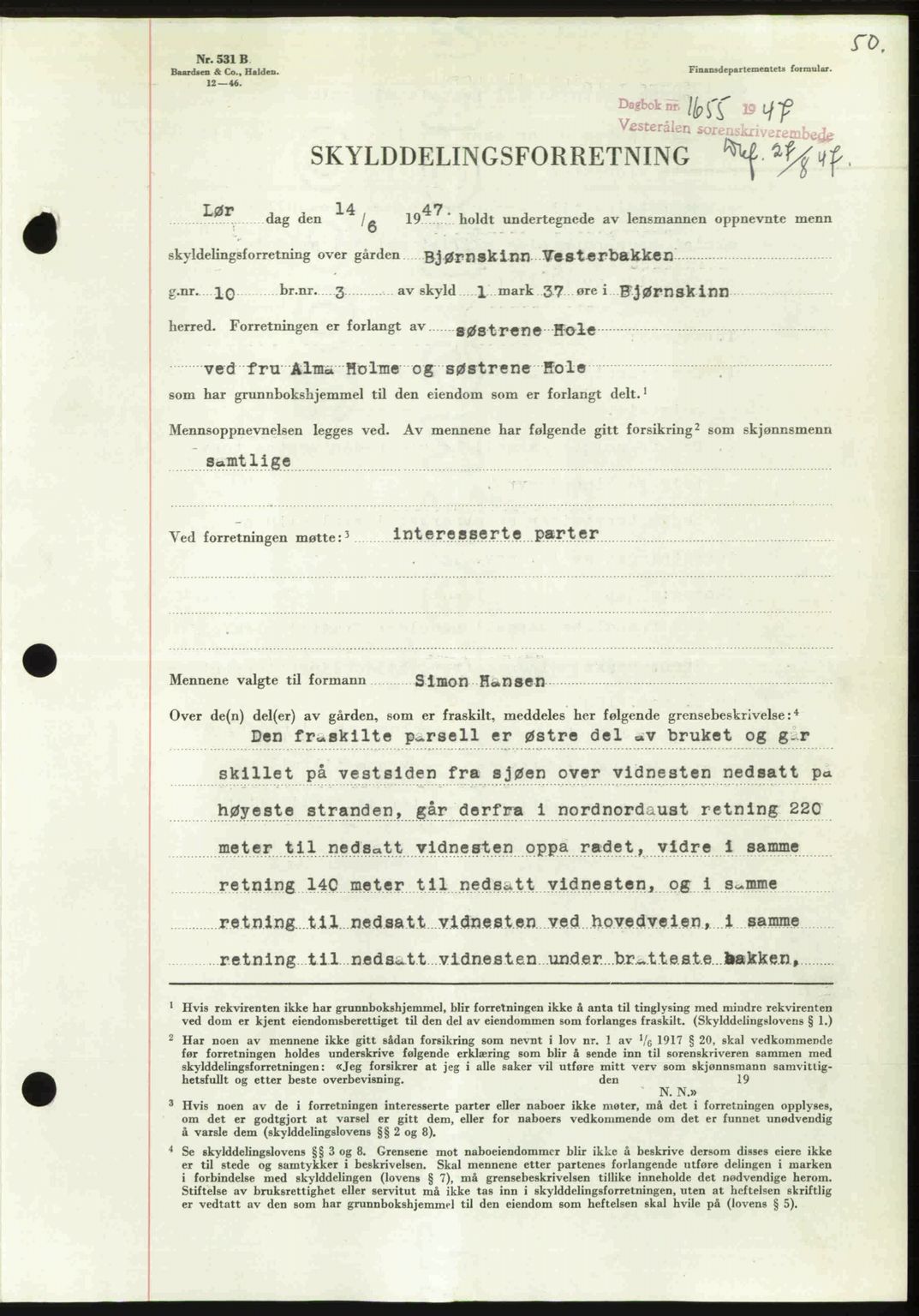 Vesterålen sorenskriveri, SAT/A-4180/1/2/2Ca: Pantebok nr. A21, 1947-1947, Dagboknr: 1655/1947