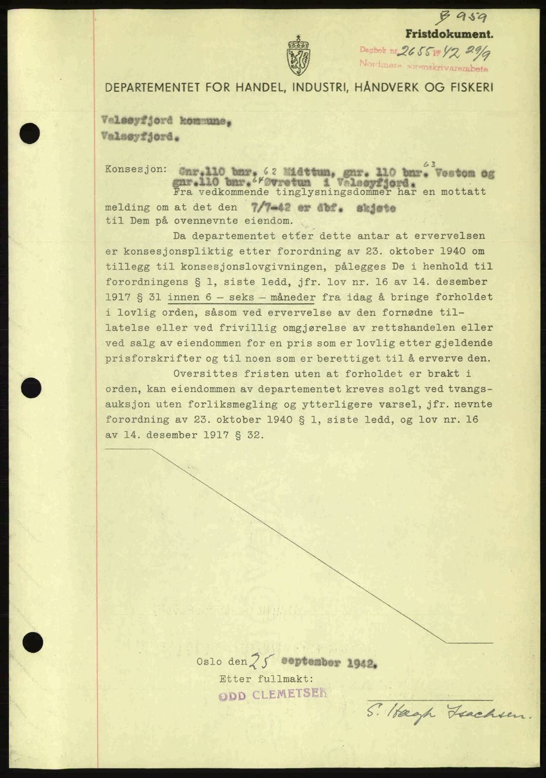 Nordmøre sorenskriveri, AV/SAT-A-4132/1/2/2Ca: Pantebok nr. B89, 1942-1942, Dagboknr: 2655/1942