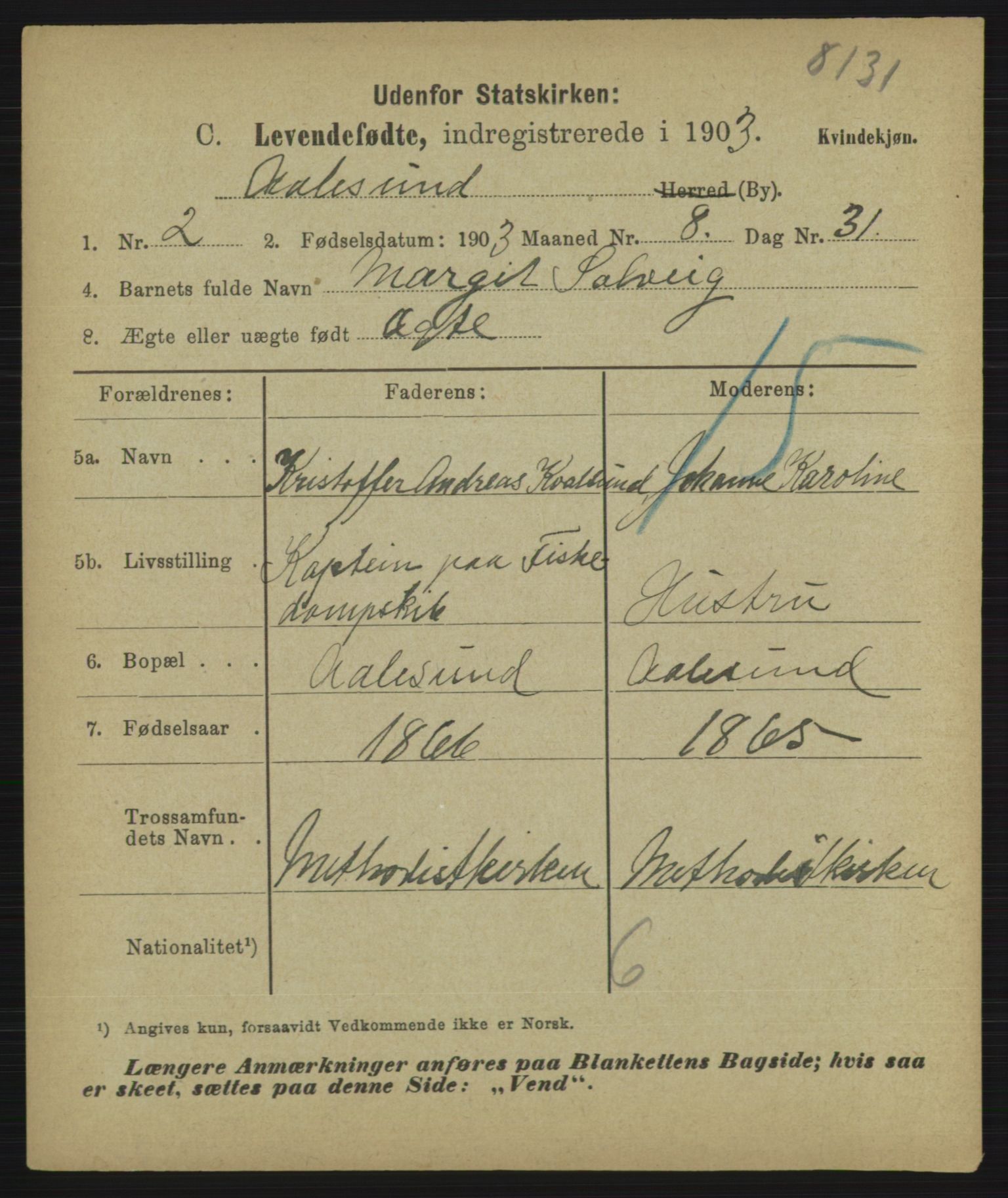 Statistisk sentralbyrå, Sosiodemografiske emner, Befolkning, AV/RA-S-2228/D/Df/Dfa/Dfaa/L0016: Romsdal amt: Fødte, gifte, døde., 1903, s. 481