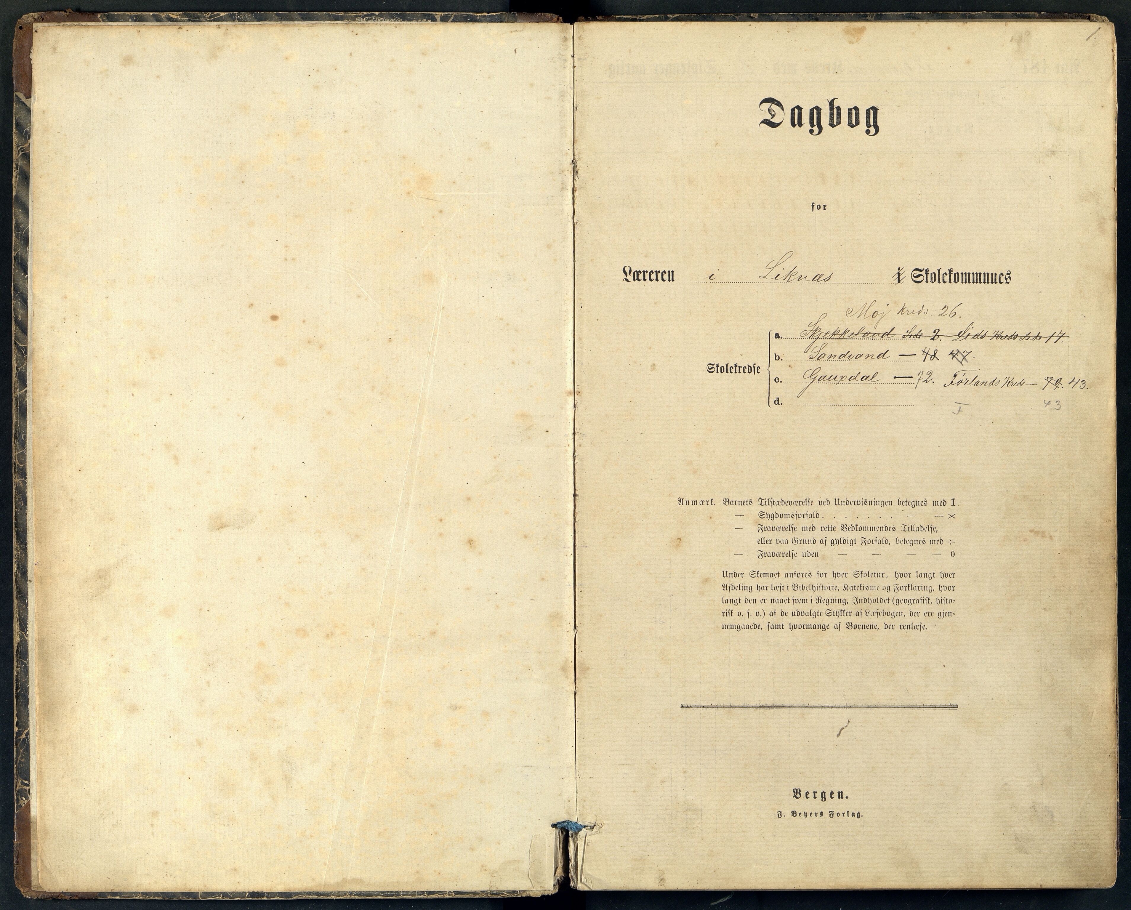 Kvinesdal kommune - Førland Skole, ARKSOR/1037KG553/I/L0001: Dagbok. Også for skolene Lid, Moi, Sandvatn, Gausdal, Sjekkeland, 1878-1891