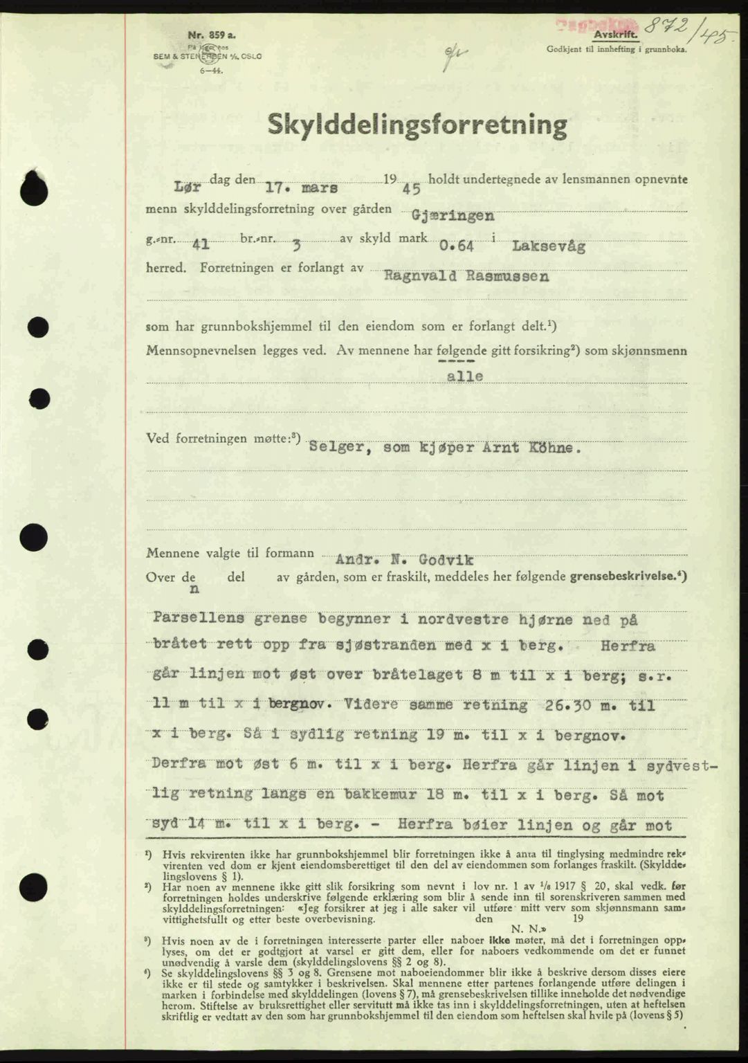 Midhordland sorenskriveri, SAB/A-3001/1/G/Gb/Gbk/L0008: Pantebok nr. A36-41, 1944-1945, Dagboknr: 872/1945
