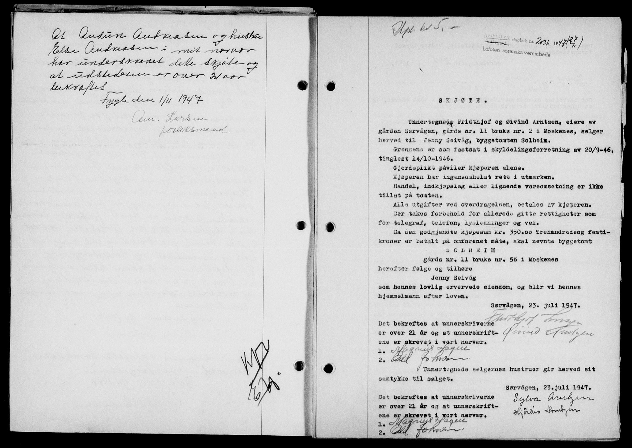 Lofoten sorenskriveri, SAT/A-0017/1/2/2C/L0017a: Pantebok nr. 17a, 1947-1948, Dagboknr: 2036/1947