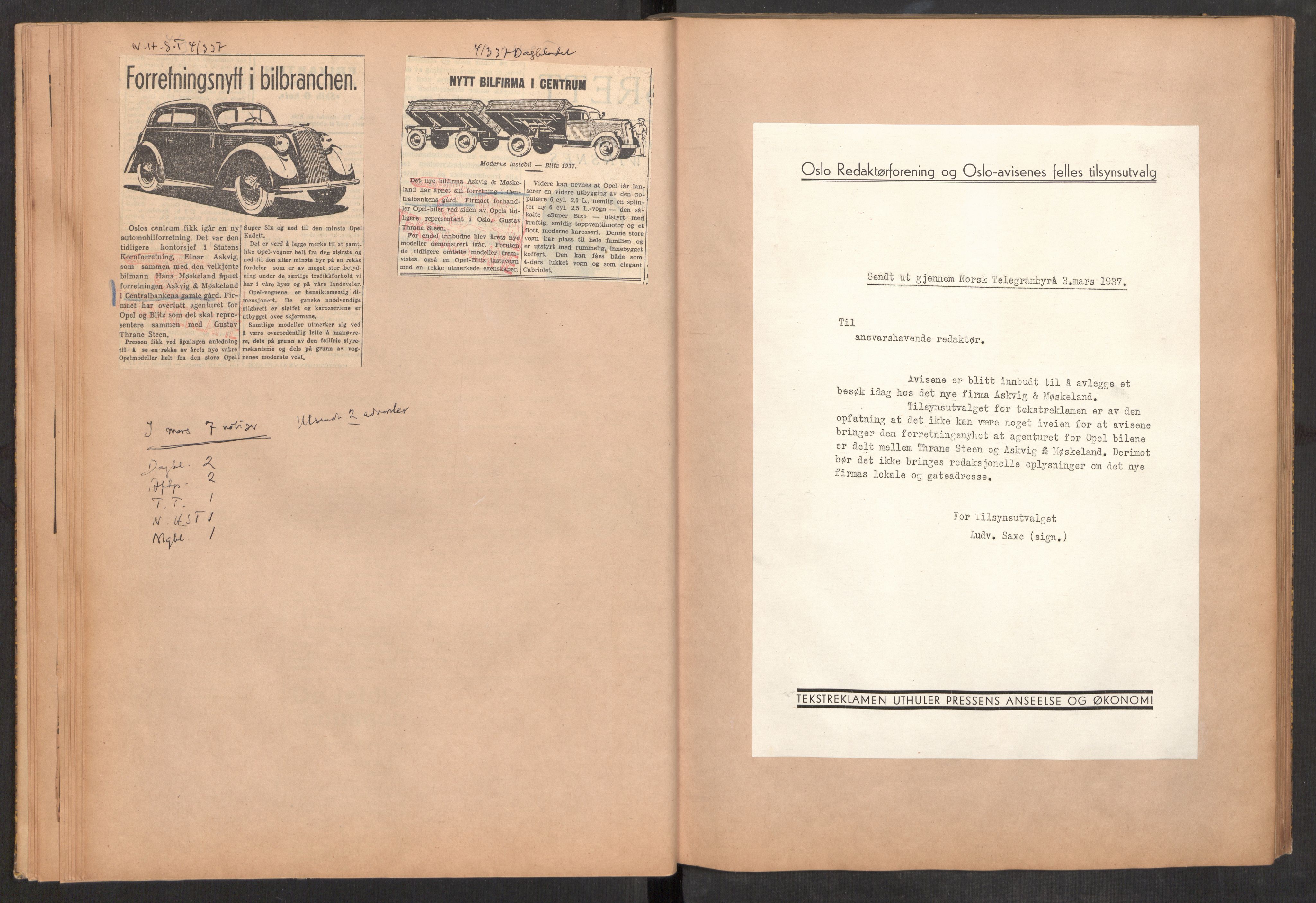 Tekstreklameutvalget, AV/RA-PA-0854/A/Aa/L0009: Meldinger til avisene, avisutklipp stemplet med den røde hånd, 1936-1938