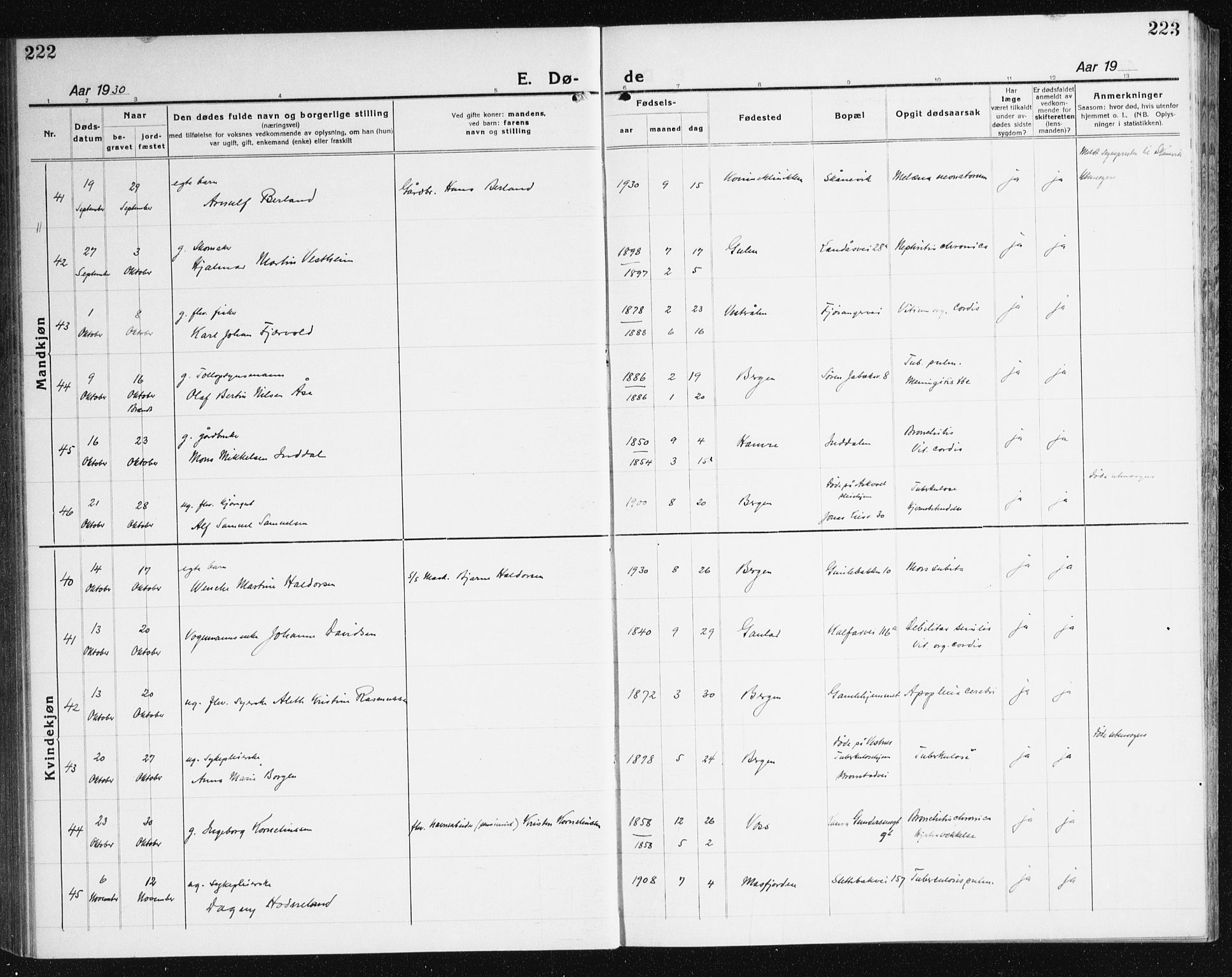 Årstad Sokneprestembete, AV/SAB-A-79301/H/Haa/L0010: Ministerialbok nr. E 1, 1921-1940, s. 222-223