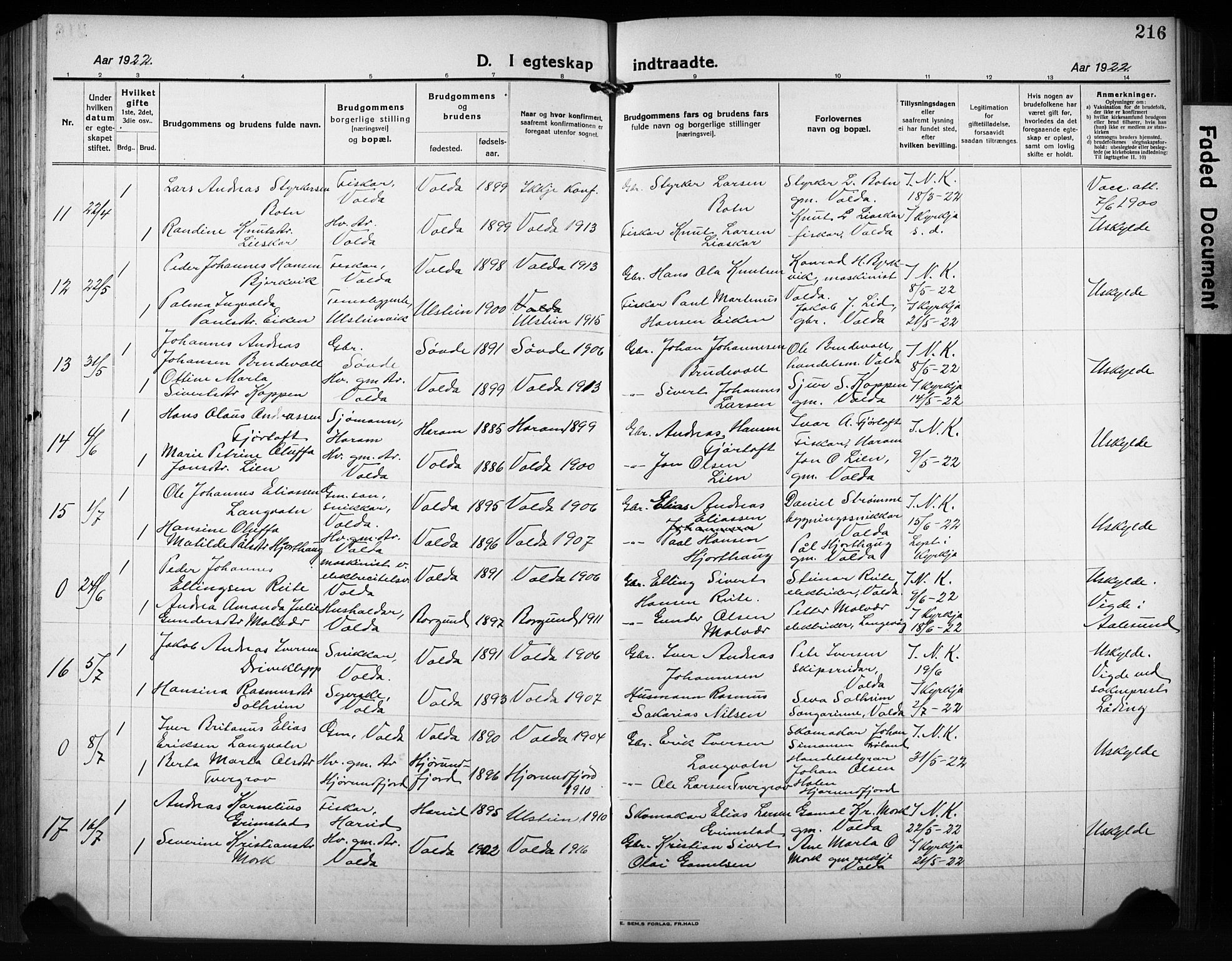 Ministerialprotokoller, klokkerbøker og fødselsregistre - Møre og Romsdal, AV/SAT-A-1454/511/L0160: Klokkerbok nr. 511C06, 1920-1932, s. 216