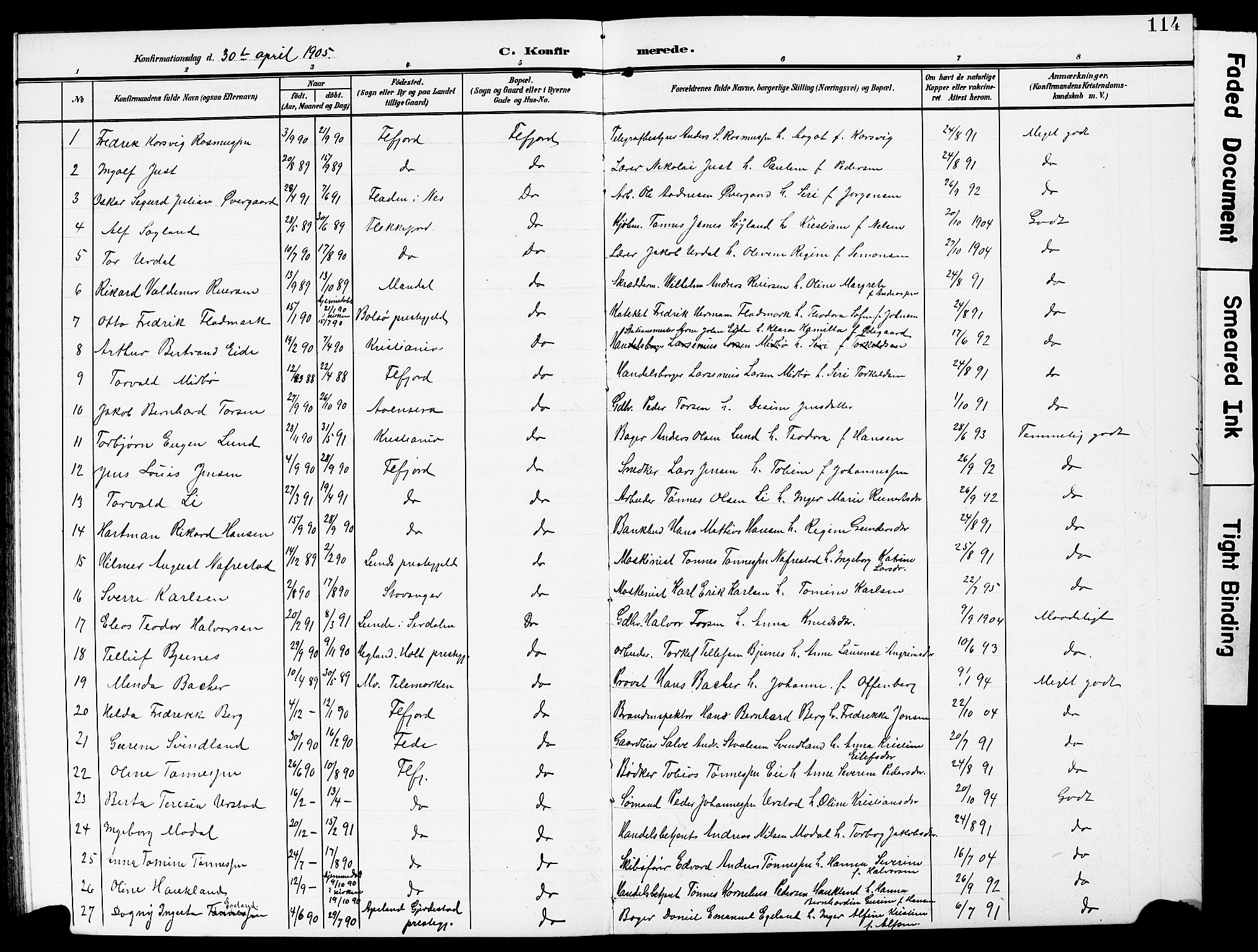 Flekkefjord sokneprestkontor, AV/SAK-1111-0012/F/Fb/Fba/L0001: Klokkerbok nr. B 1, 1903-1931, s. 114