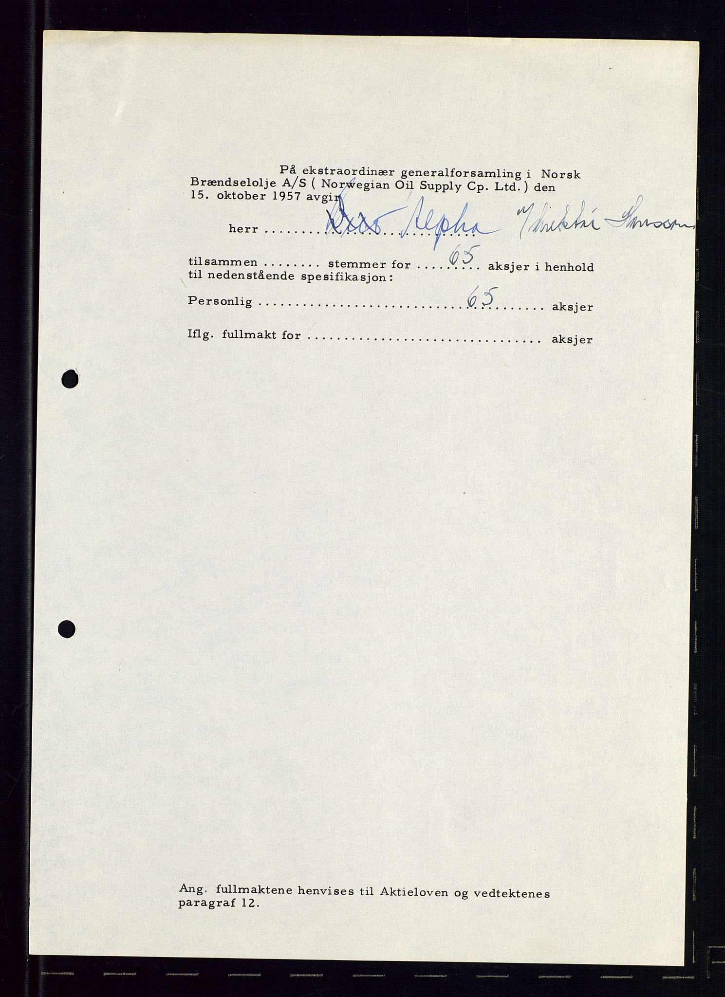 PA 1544 - Norsk Brændselolje A/S, AV/SAST-A-101965/1/A/Aa/L0007/0003: Generalforsamling / Generalforsamling 1956, ekstraordinær generalforsamling 1957, 1956-1957, s. 110