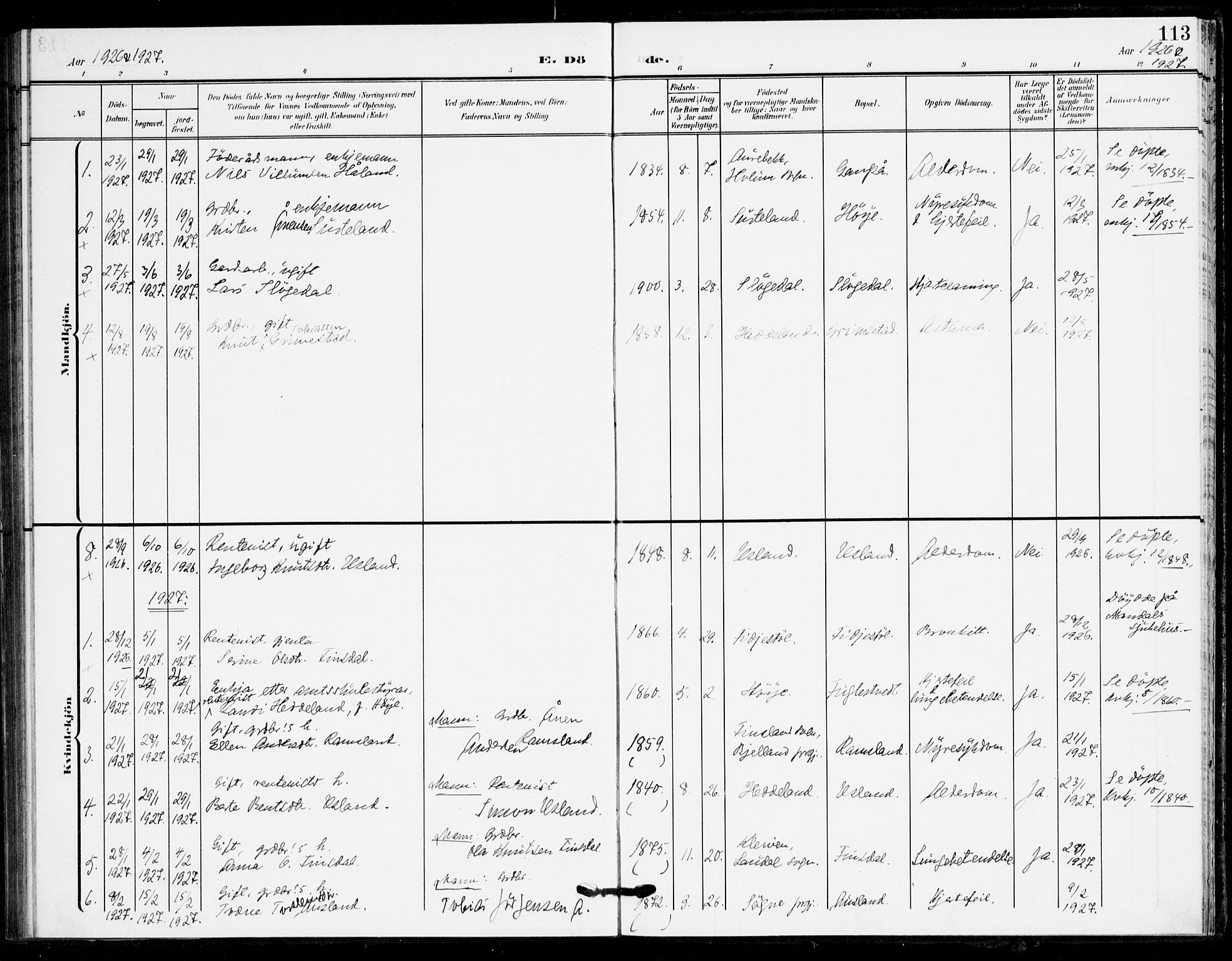 Holum sokneprestkontor, SAK/1111-0022/F/Fa/Fac/L0005: Ministerialbok nr. A 5, 1908-1930, s. 113