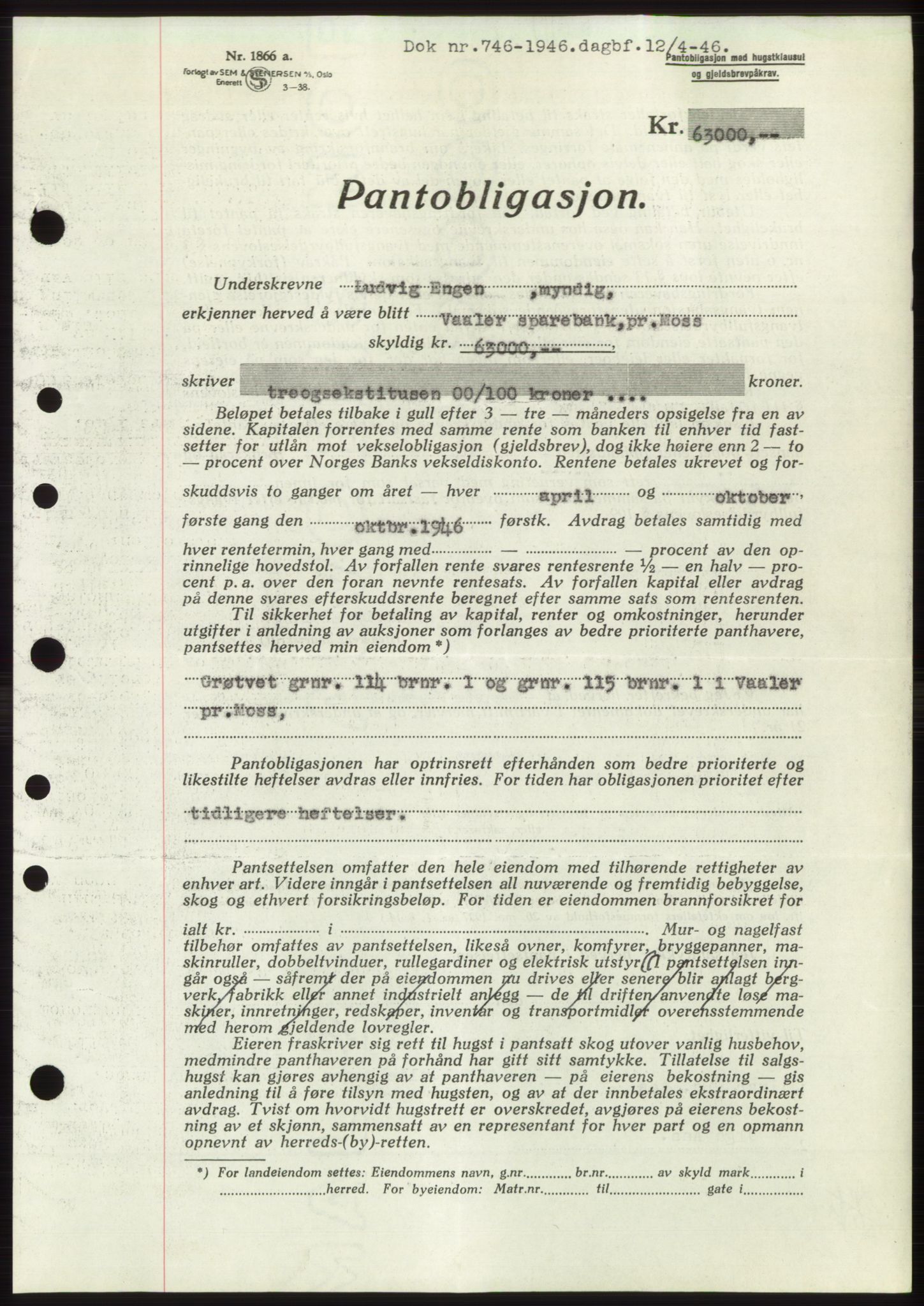 Moss sorenskriveri, SAO/A-10168: Pantebok nr. B15, 1946-1946, Dagboknr: 746/1946