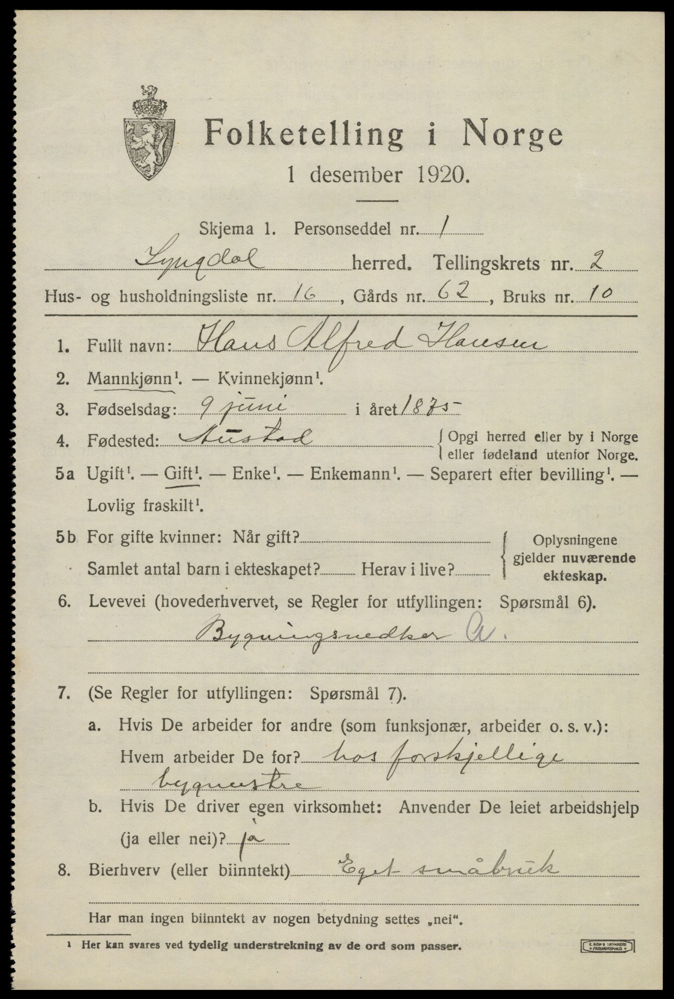 SAK, Folketelling 1920 for 1032 Lyngdal herred, 1920, s. 1719