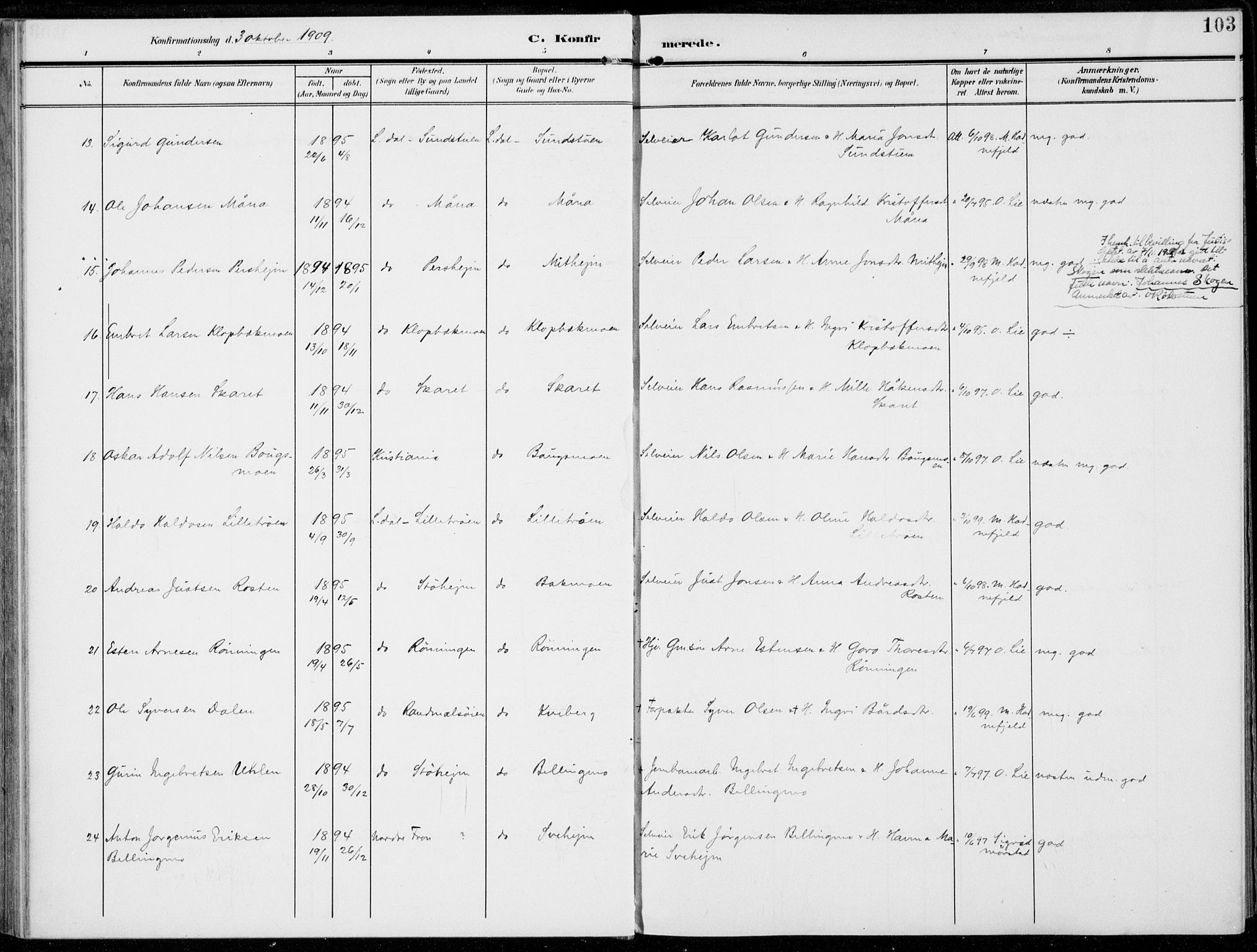 Alvdal prestekontor, AV/SAH-PREST-060/H/Ha/Haa/L0004: Ministerialbok nr. 4, 1907-1919, s. 103