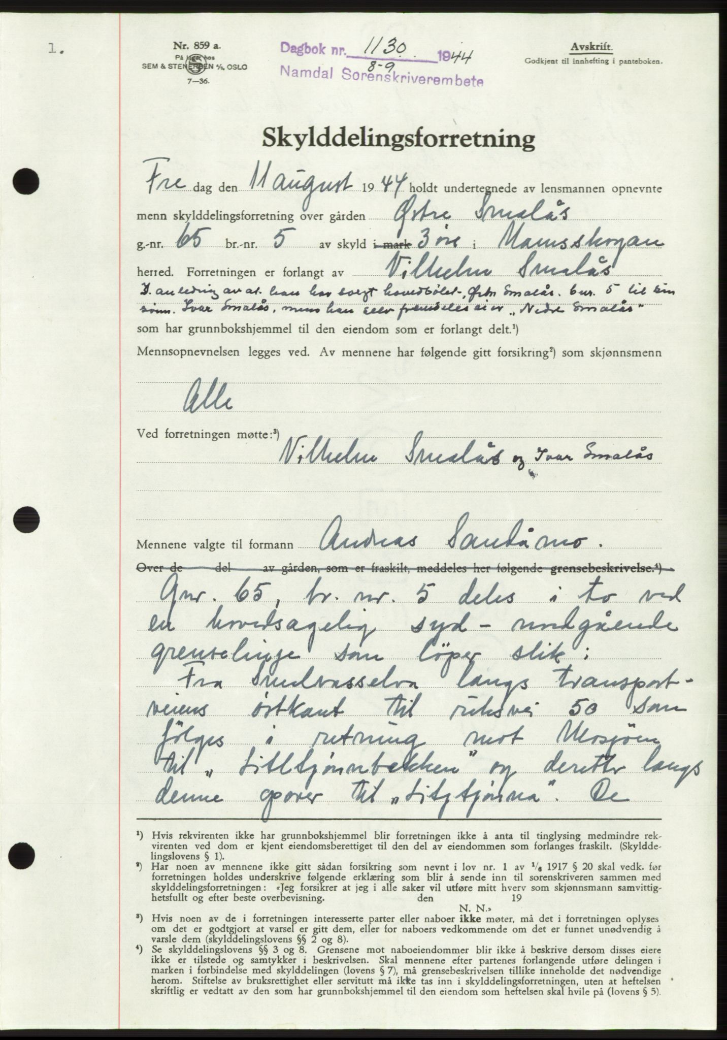 Namdal sorenskriveri, SAT/A-4133/1/2/2C: Pantebok nr. -, 1944-1945, Dagboknr: 1130/1944