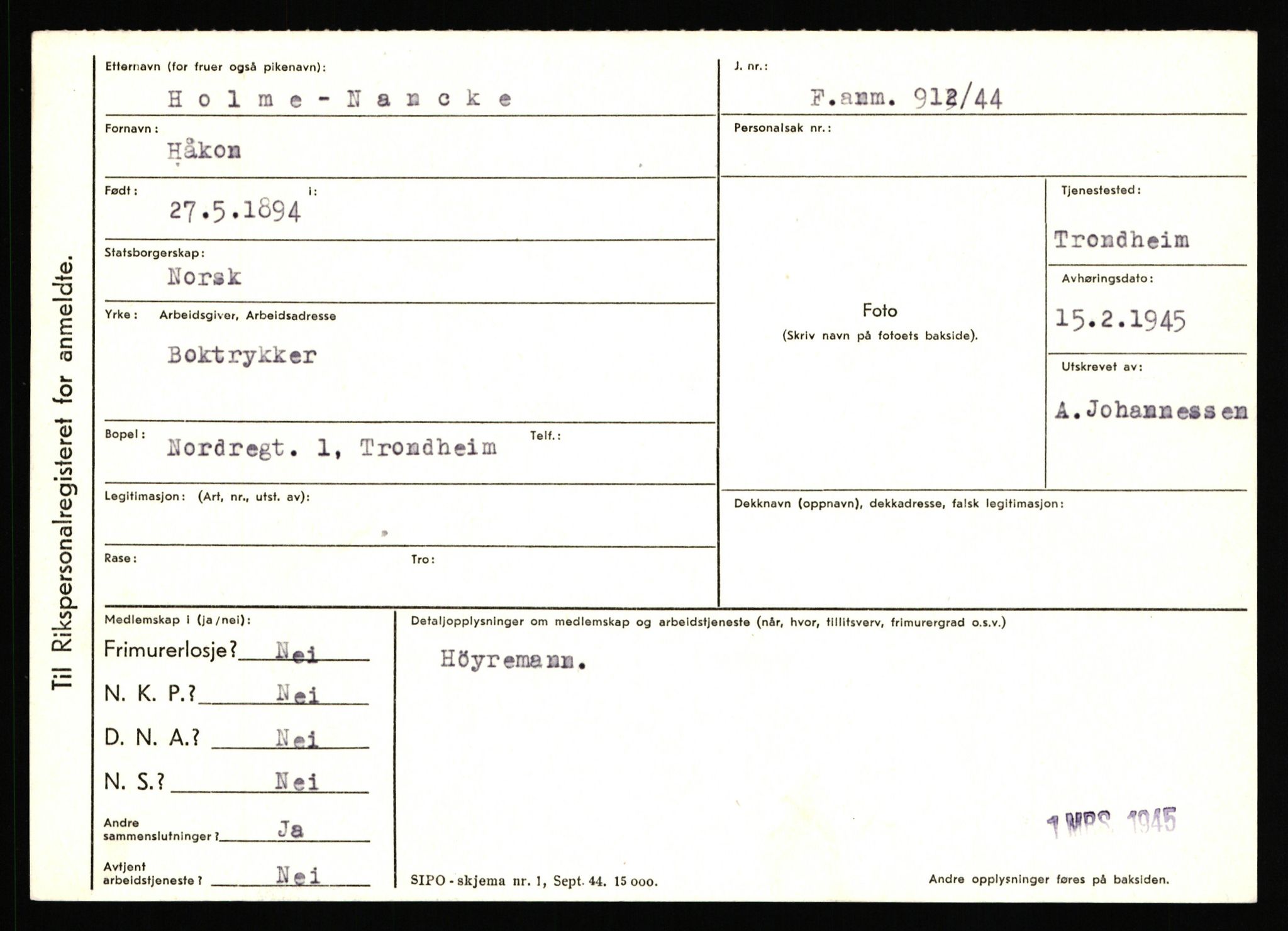 Statspolitiet - Hovedkontoret / Osloavdelingen, AV/RA-S-1329/C/Ca/L0011: Molberg - Nøstvold, 1943-1945, s. 1143