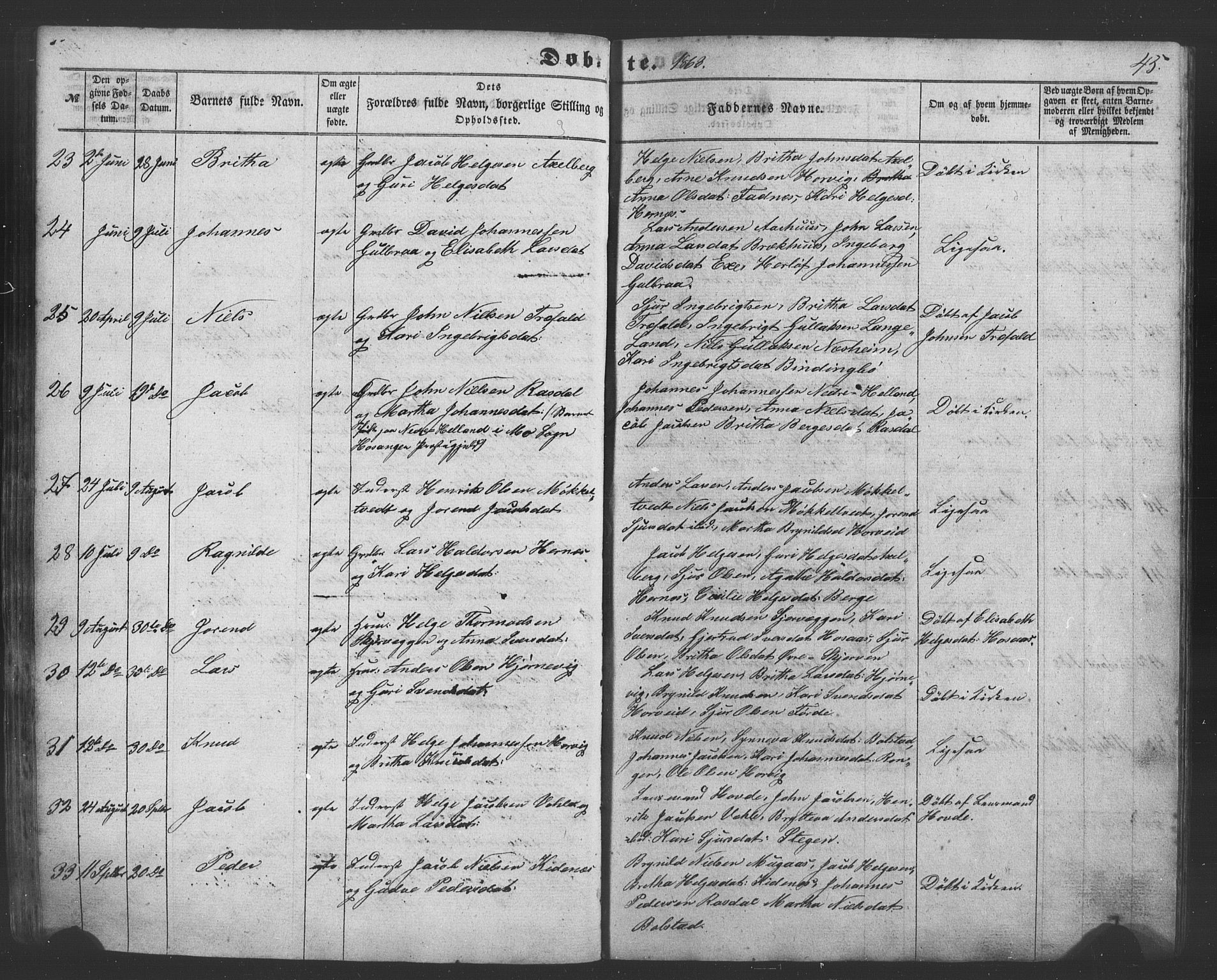 Evanger sokneprestembete, AV/SAB-A-99924: Klokkerbok nr. A 1, 1855-1864, s. 45