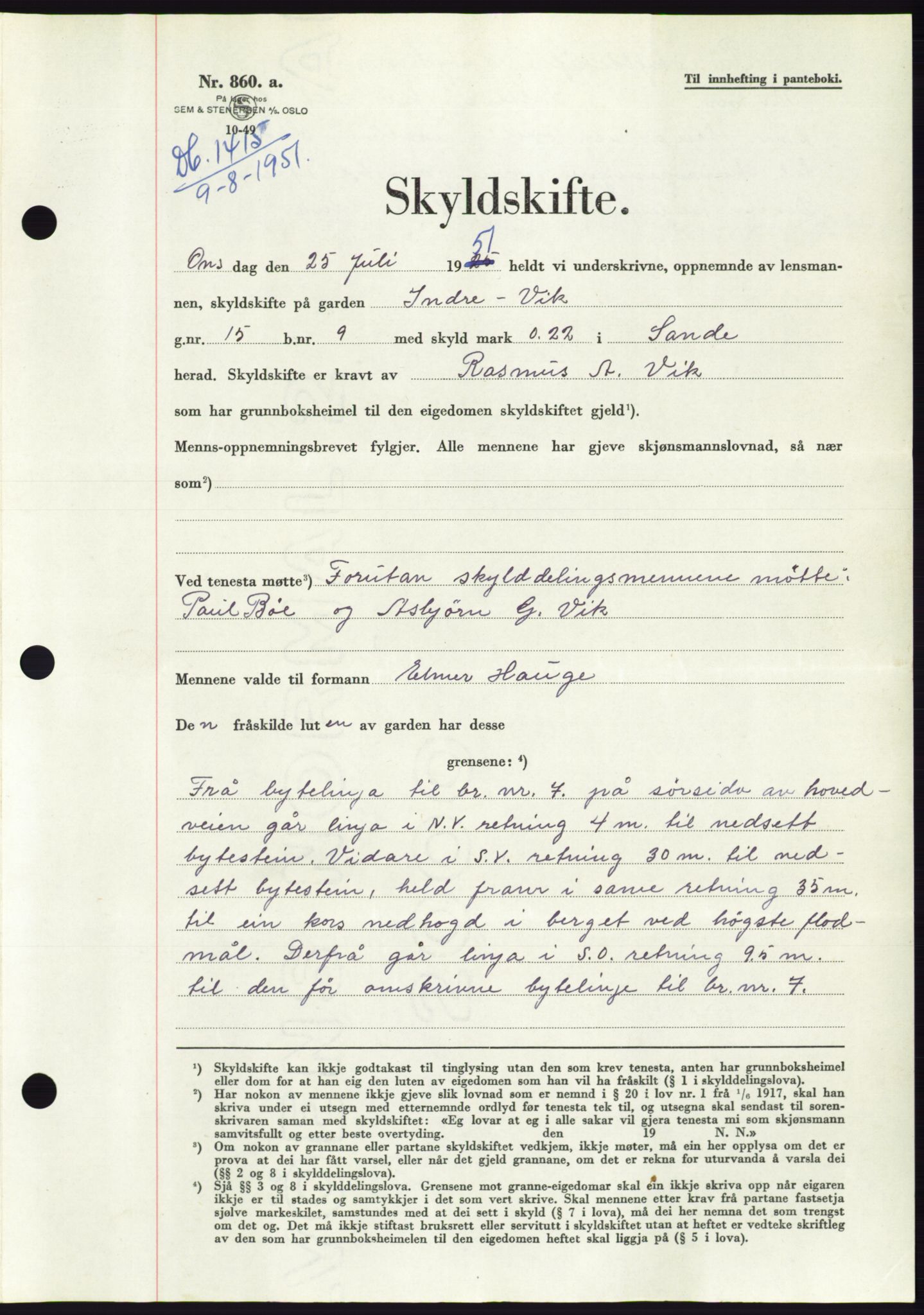 Søre Sunnmøre sorenskriveri, AV/SAT-A-4122/1/2/2C/L0089: Pantebok nr. 15A, 1951-1951, Dagboknr: 1415/1951