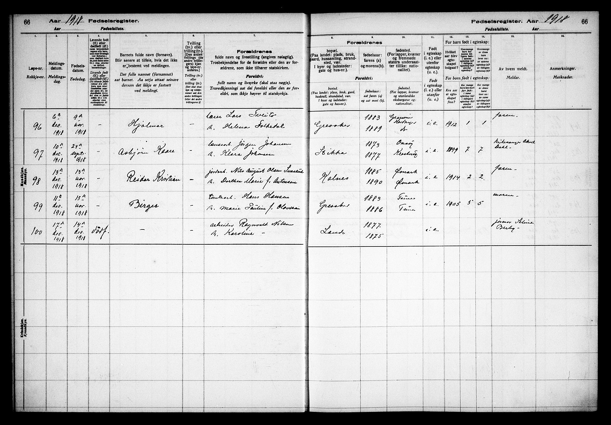 Tune prestekontor Kirkebøker, AV/SAO-A-2007/J/Ja/L0001: Fødselsregister nr. I 1, 1916-1928, s. 66