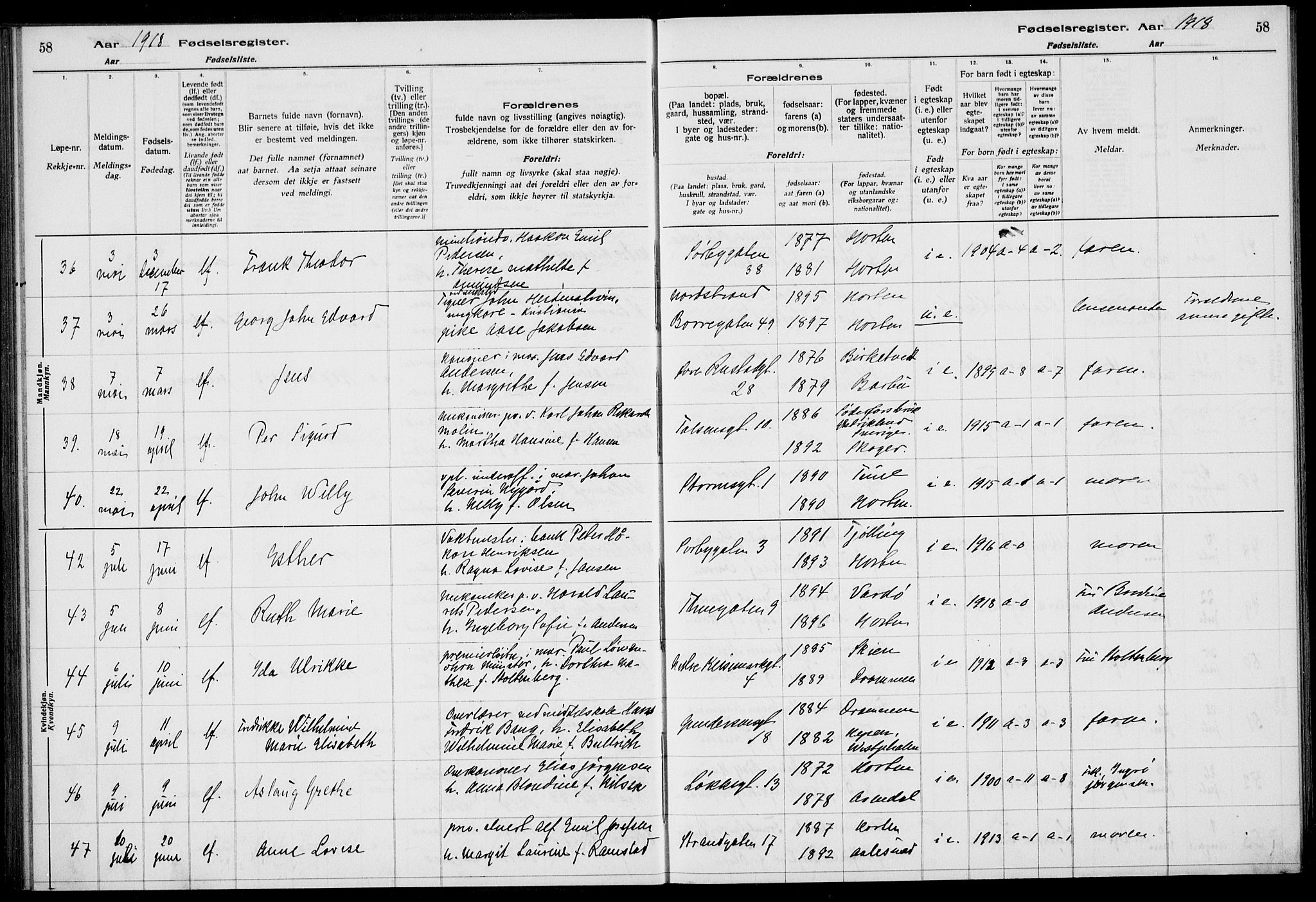 Horten kirkebøker, AV/SAKO-A-348/J/Ja/L0001: Fødselsregister nr. 1, 1916-1923, s. 58