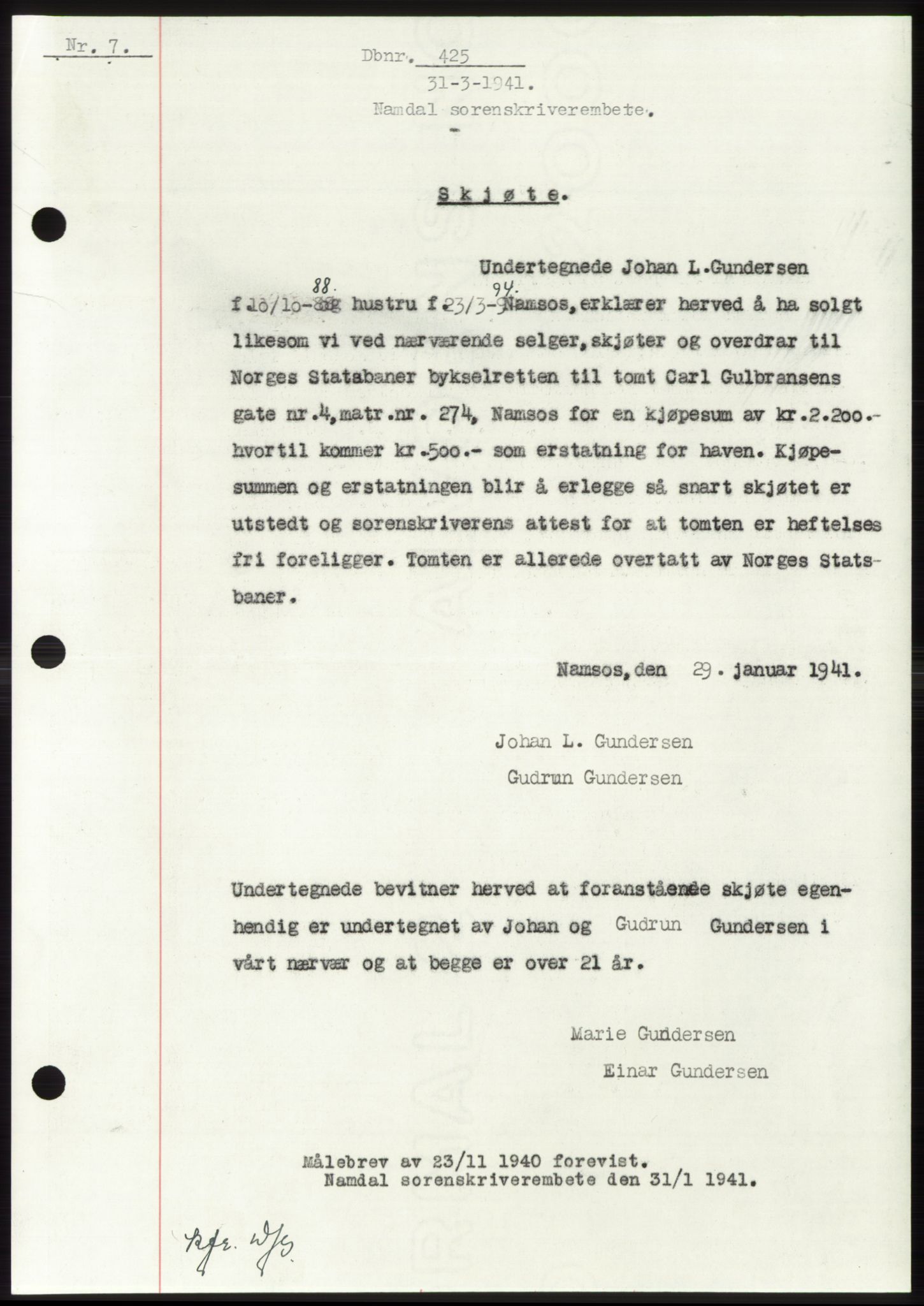 Namdal sorenskriveri, SAT/A-4133/1/2/2C: Pantebok nr. -, 1940-1941, Tingl.dato: 31.03.1941