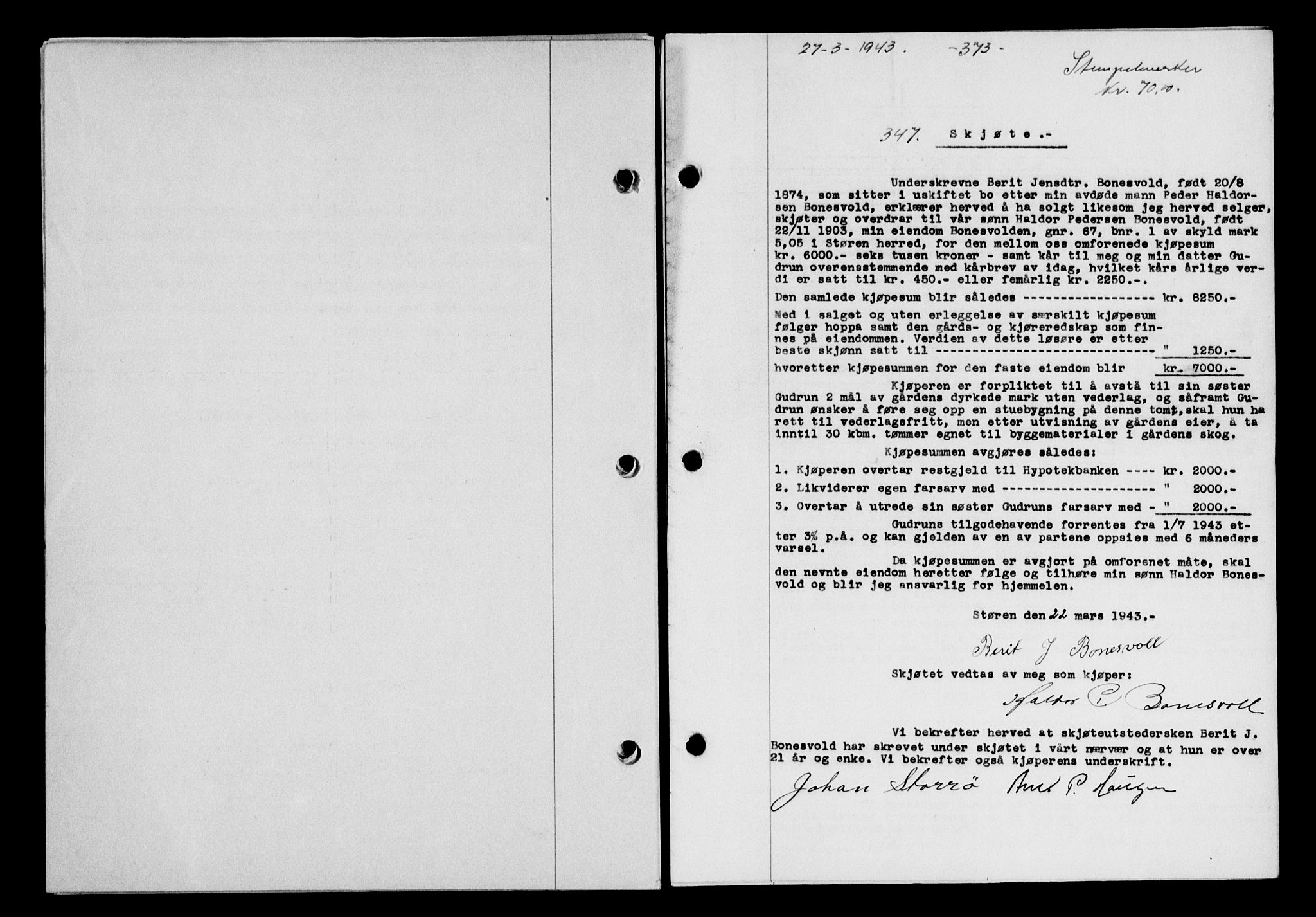 Gauldal sorenskriveri, SAT/A-0014/1/2/2C/L0056: Pantebok nr. 61, 1942-1943, Dagboknr: 347/1943