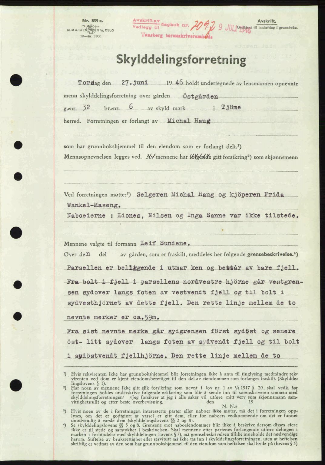Tønsberg sorenskriveri, SAKO/A-130/G/Ga/Gaa/L0019: Pantebok nr. A19, 1946-1946, Dagboknr: 2097/1946