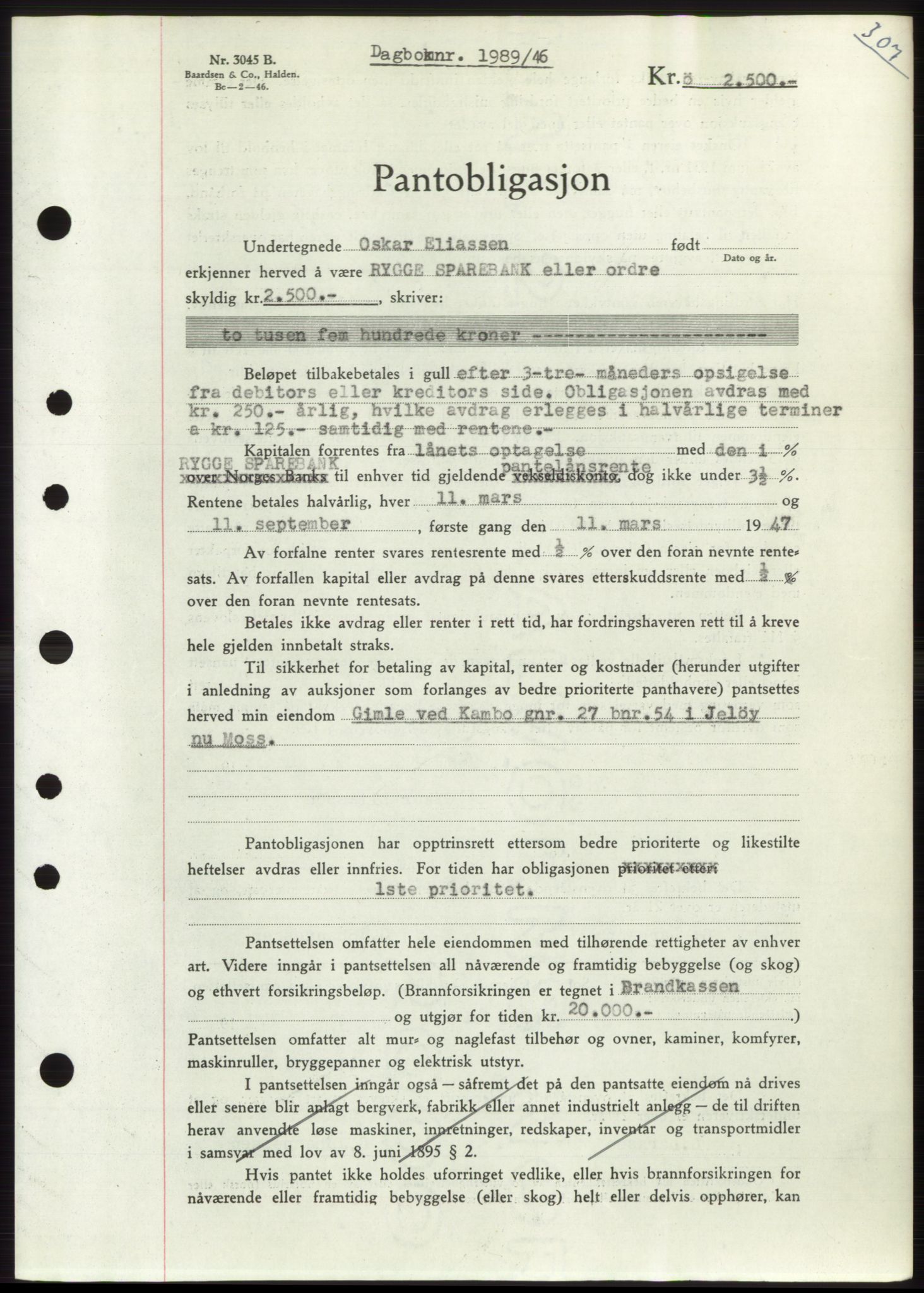 Moss sorenskriveri, SAO/A-10168: Pantebok nr. B15, 1946-1946, Dagboknr: 1989/1946