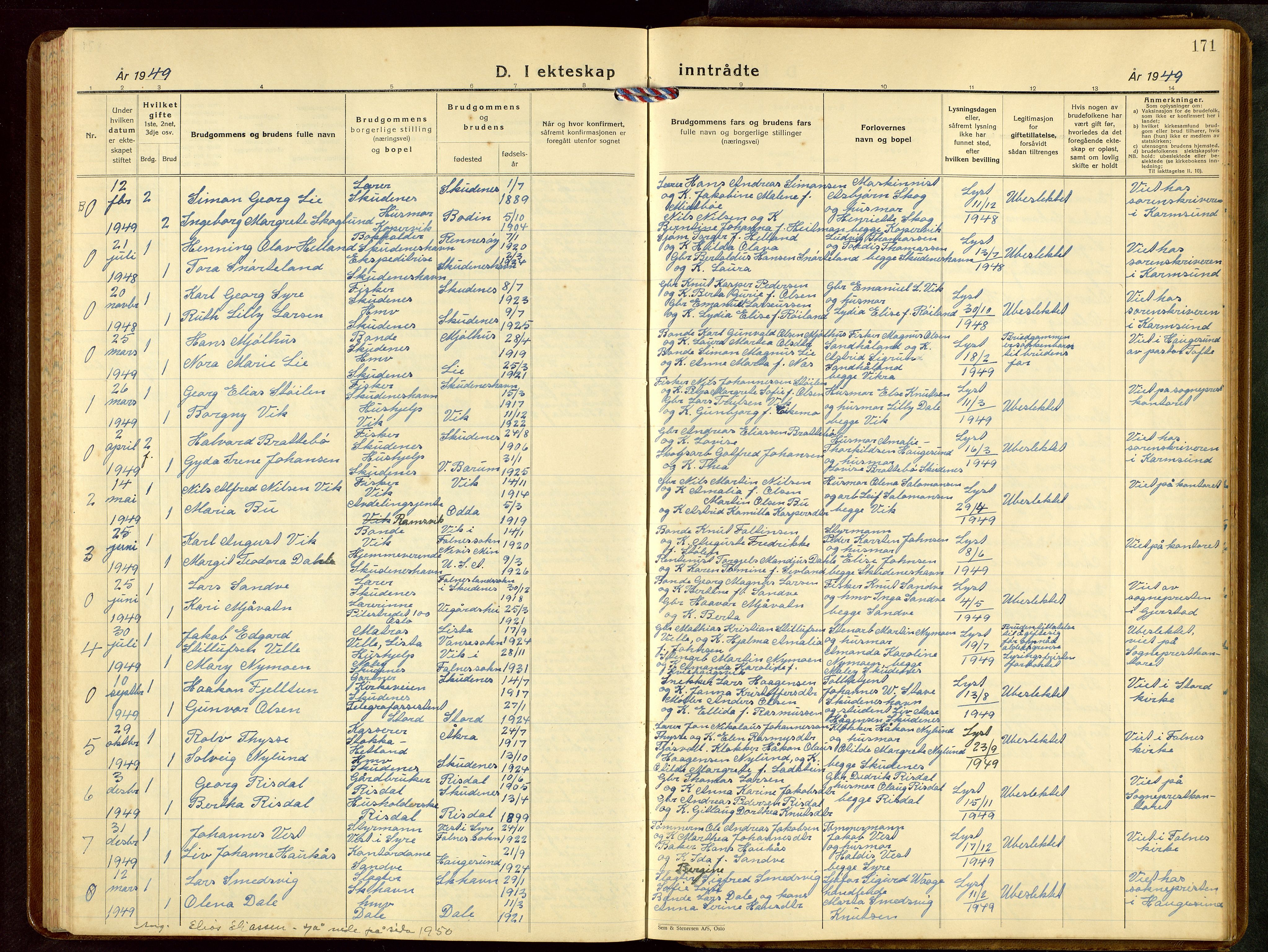 Skudenes sokneprestkontor, SAST/A -101849/H/Ha/Hab/L0013: Klokkerbok nr. B 13, 1937-1954, s. 171