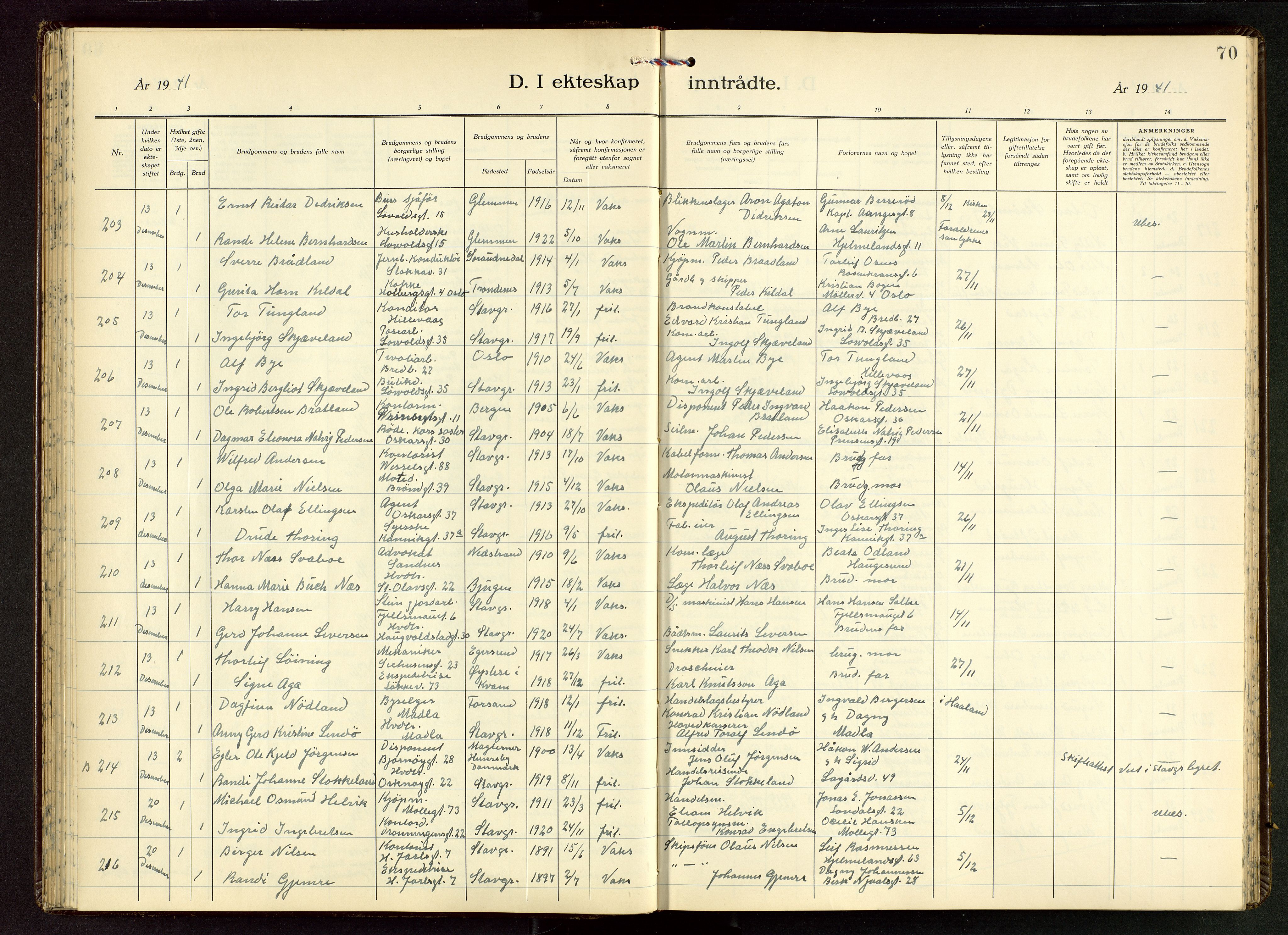 Domkirken sokneprestkontor, AV/SAST-A-101812/001/30/30BB/L0022: Klokkerbok nr. B 22, 1937-1949, s. 70