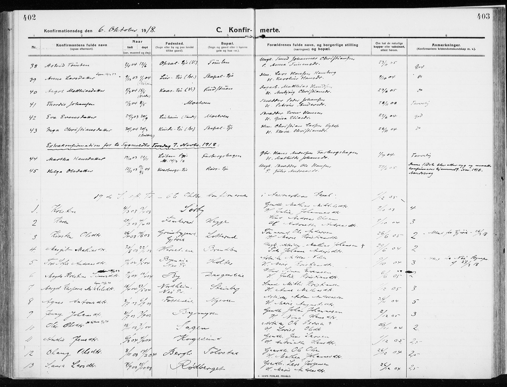 Ringsaker prestekontor, AV/SAH-PREST-014/K/Ka/L0020: Ministerialbok nr. 20, 1913-1922, s. 402-403
