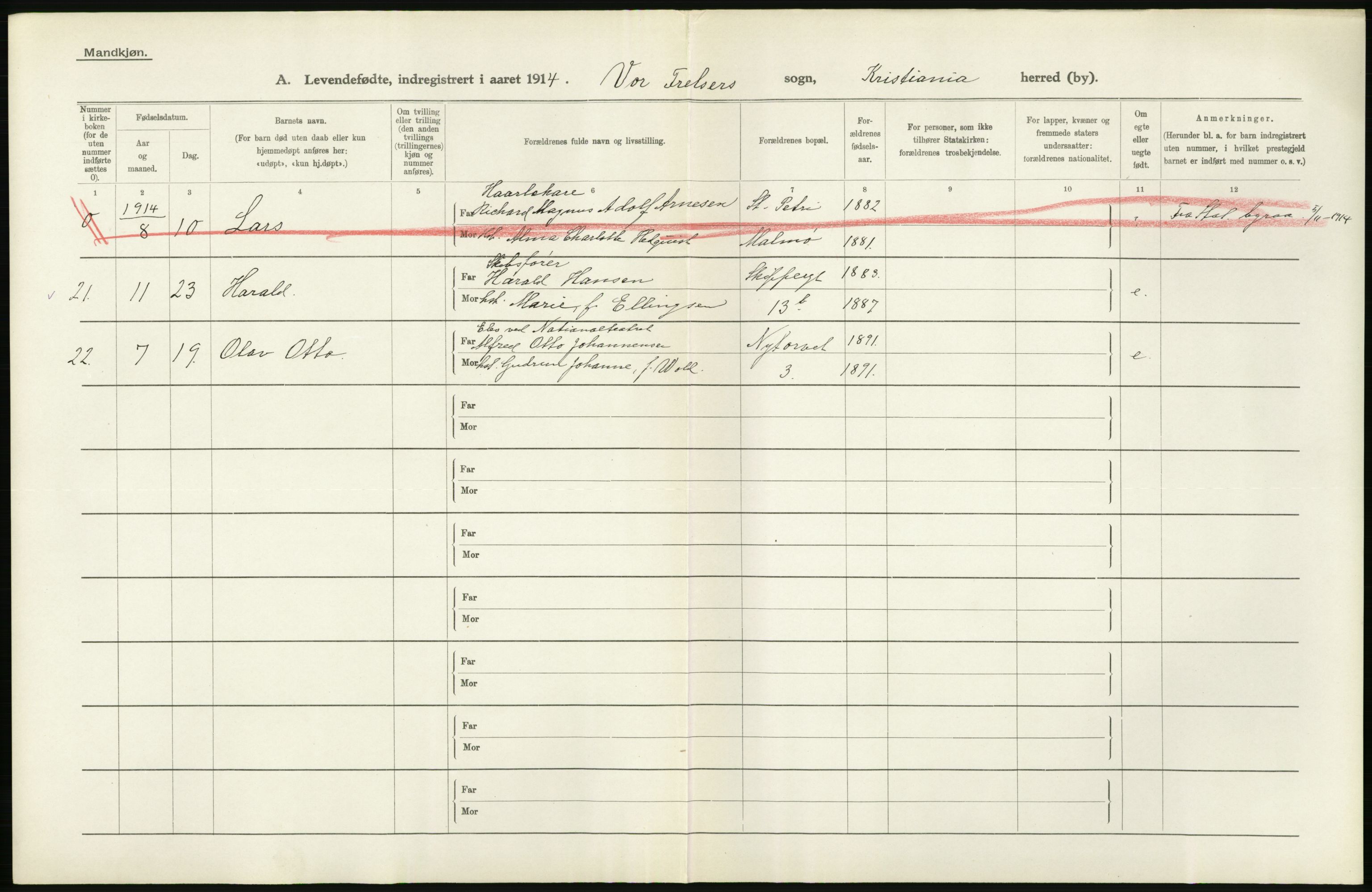 Statistisk sentralbyrå, Sosiodemografiske emner, Befolkning, AV/RA-S-2228/D/Df/Dfb/Dfbd/L0006: Kristiania: Levendefødte menn og kvinner., 1914, s. 50