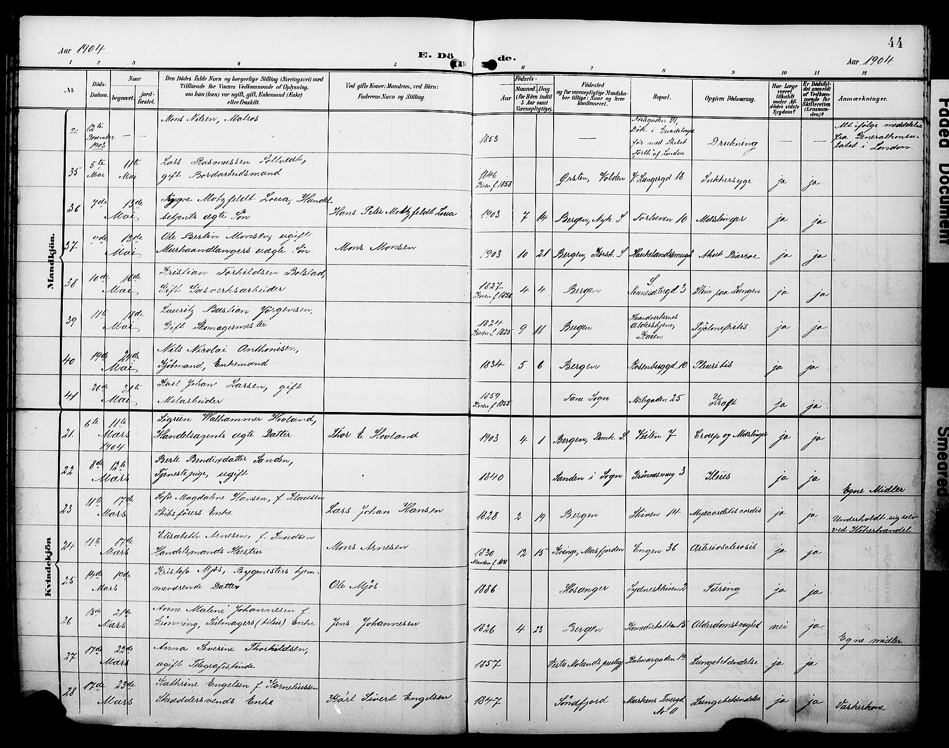 Domkirken sokneprestembete, AV/SAB-A-74801/H/Hab/L0042: Klokkerbok nr. E 6, 1900-1929, s. 44