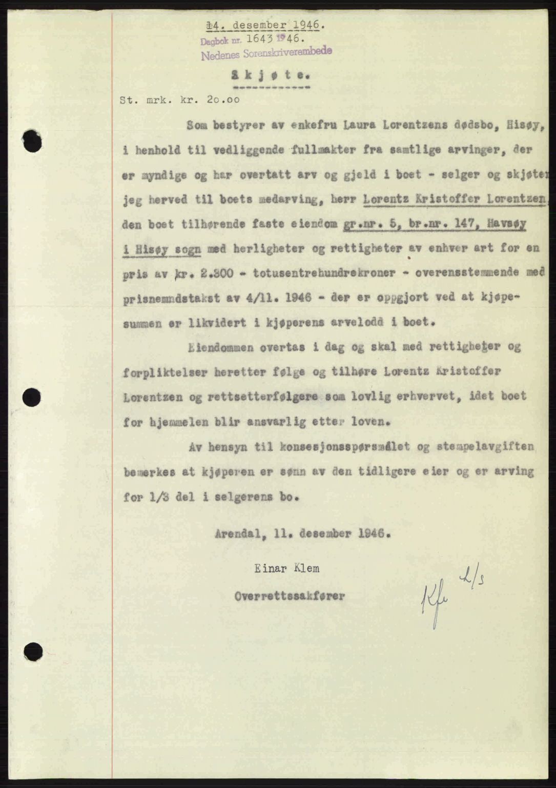 Nedenes sorenskriveri, AV/SAK-1221-0006/G/Gb/Gba/L0056: Pantebok nr. A8, 1946-1947, Dagboknr: 1643/1946
